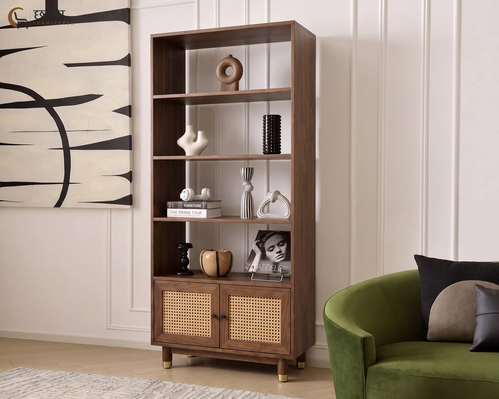 Nemili Book Shelf With Cane (Mango Wood, Teak Finish) — front