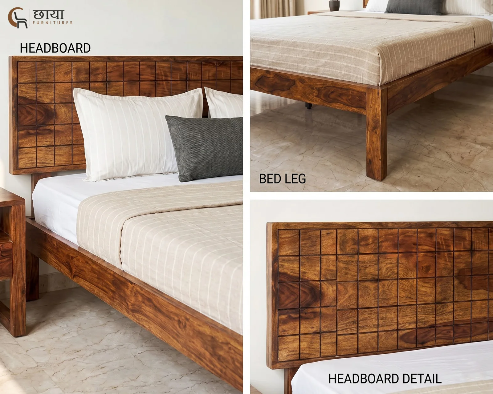 Denver Sheesham Wood Bed Without Storage (Queen Size, Honey Finish) — 9