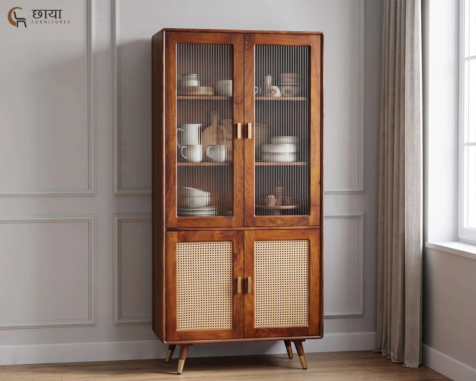 Jerald Sheesham Wood Kitchen Cabinet (Honey Finish) — front (1)