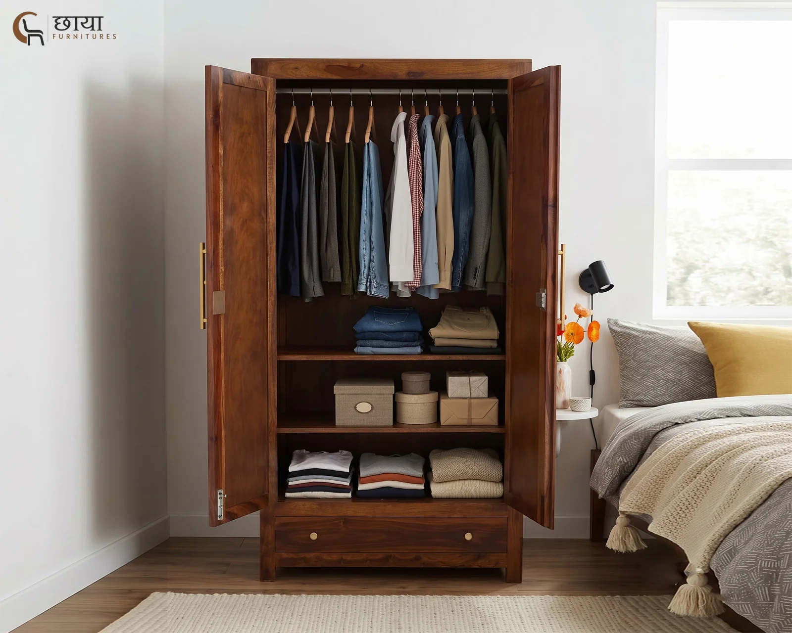 Rabel 2 Door Wardrobe With Mirror (Honey Finish) — 12