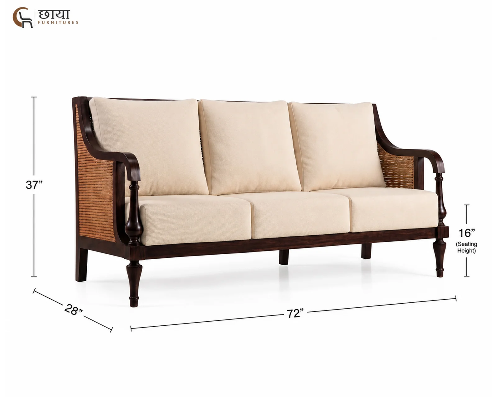 Meher 3 Seater Wooden Sofa (Walnut Finish) — dim 5