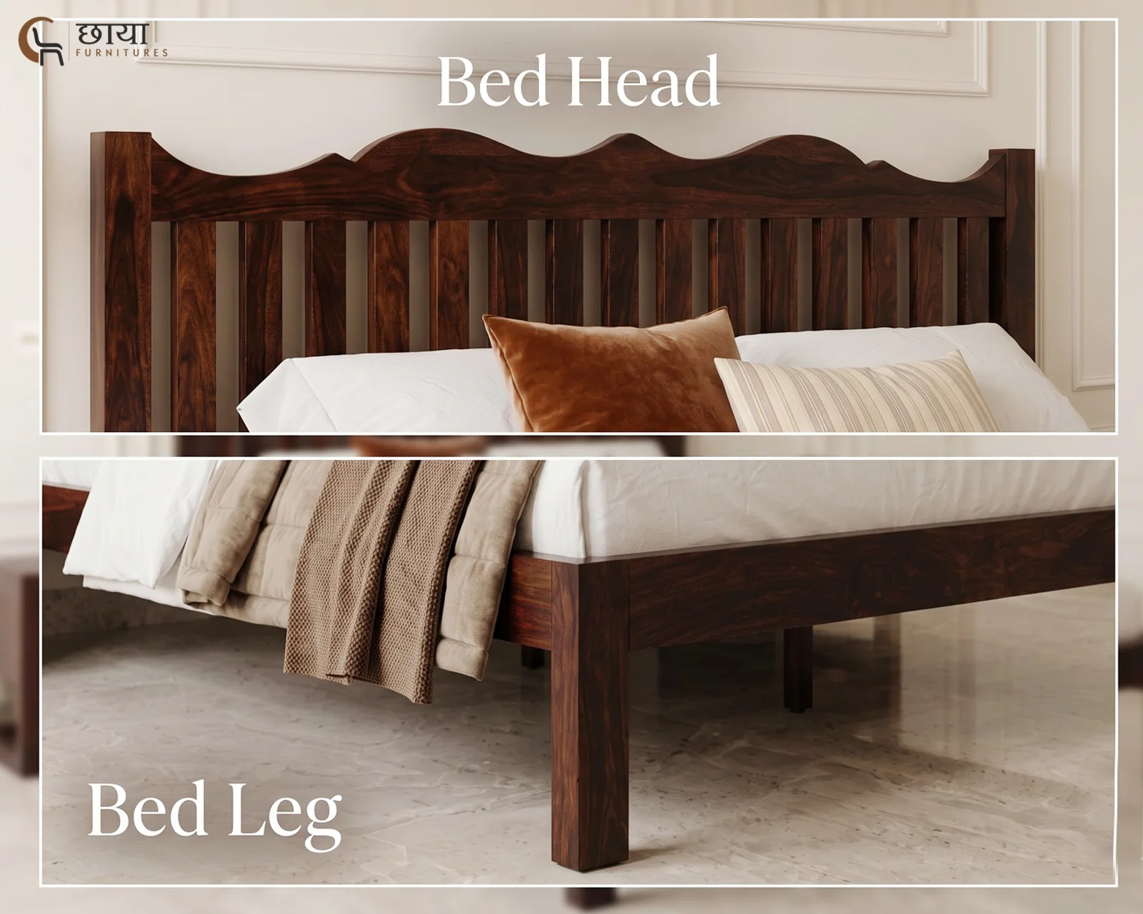 Davos Sheesham Wood Bed Without Storage (Queen Size, Walnut Finish) — 6