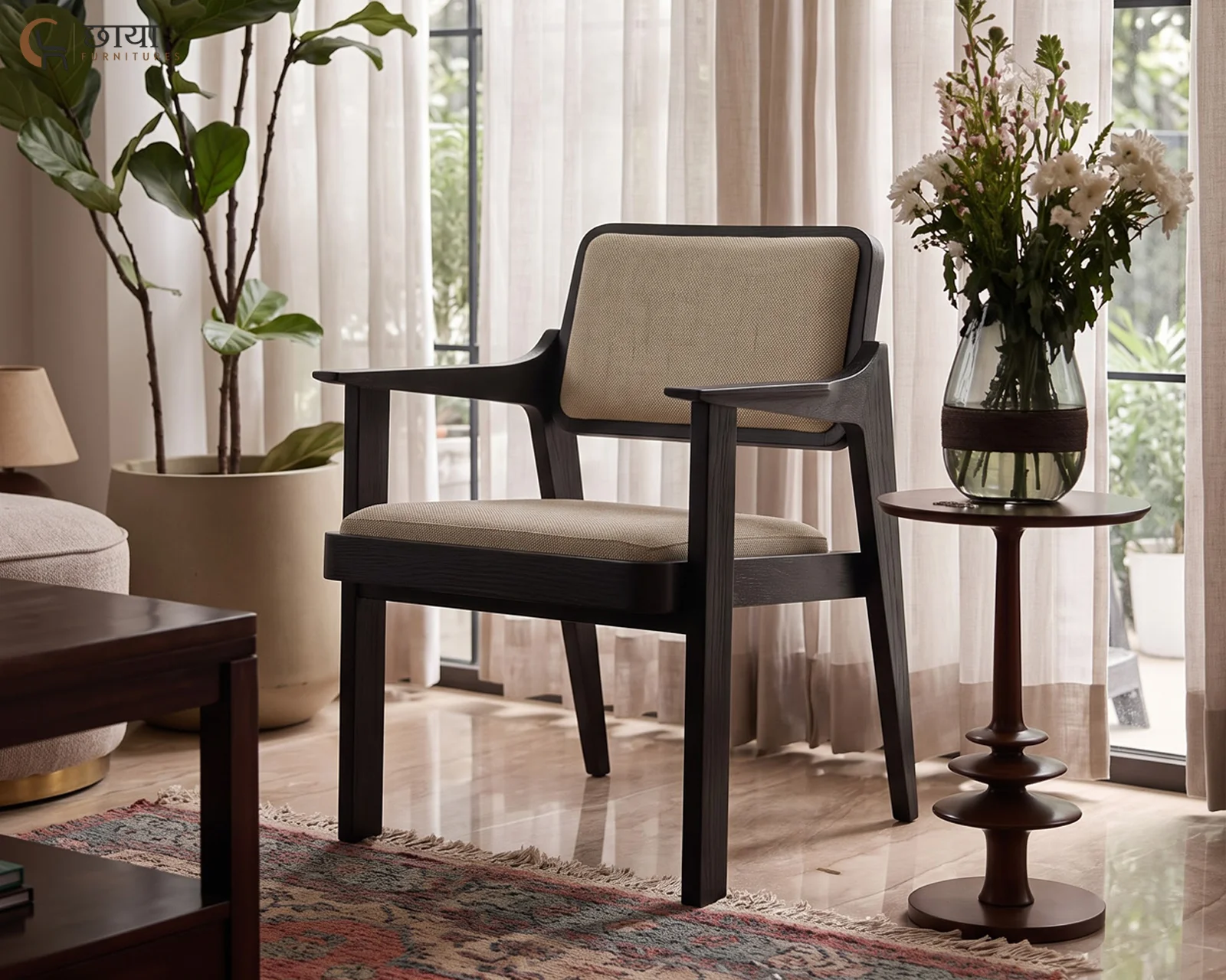 Saul Arm Chair (Black Finish, Cream) — front 1