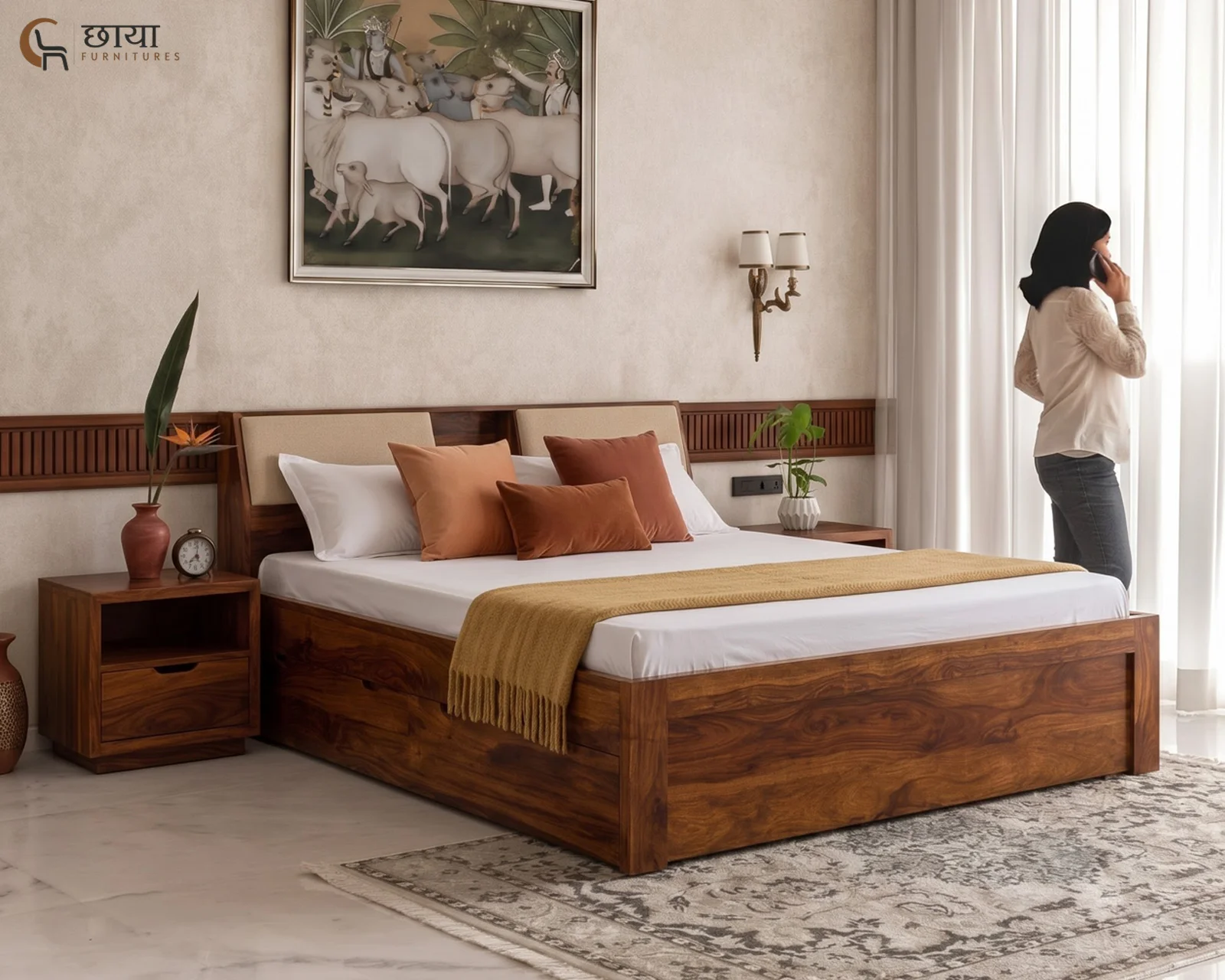 Darbar Sheesham Wood Bed With Drawer Storage (Queen Size, Honey Finish) — front 2