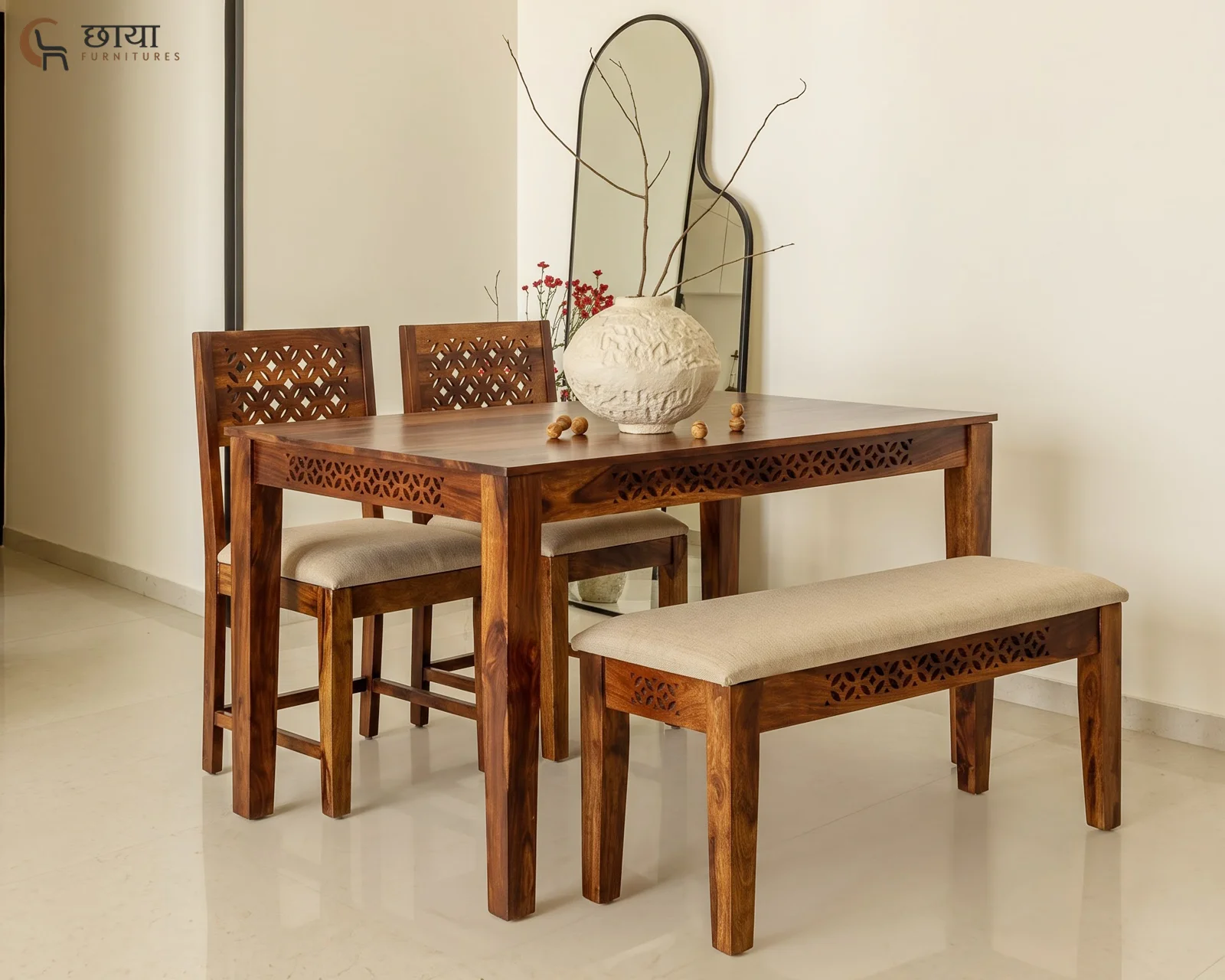 Luxe 4 Seater Dining Table Set With Bench (Honey Finish) — front (2)