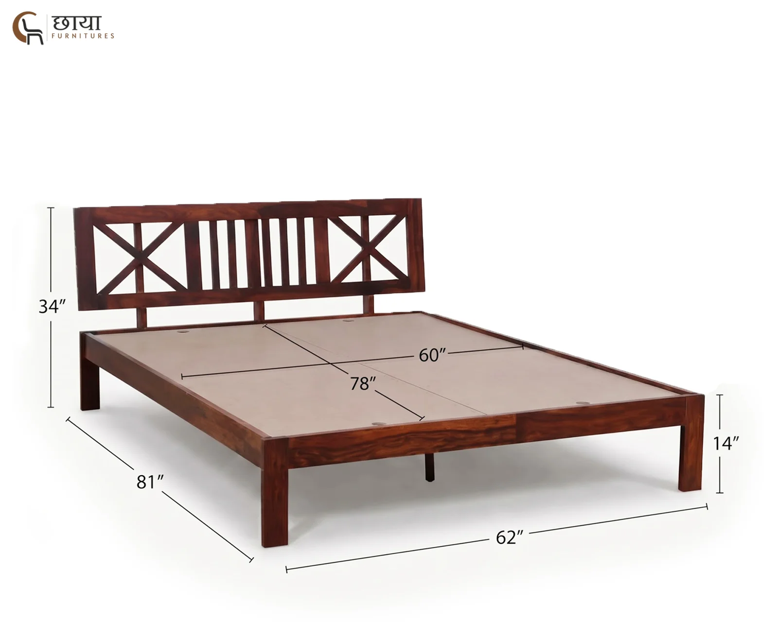 Carol Sheesham Wood Bed Without Storage (Queen Size, Honey Finish) — queen size 2