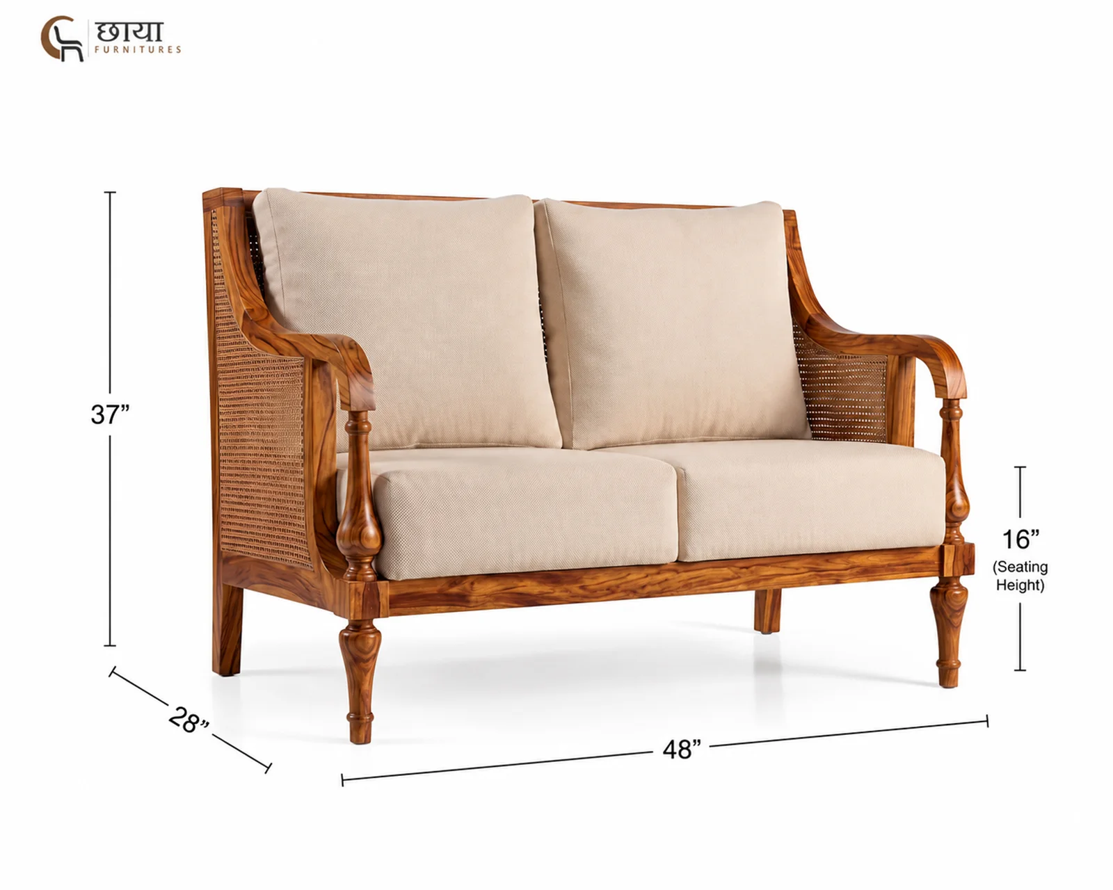 Meher 2 Seater Wooden Sofa (Honey Finish) — dim 1