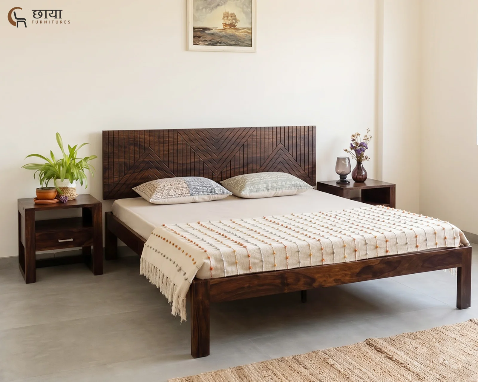 Jonas Sheesham Wood Bed Without Storage (Queen Size, Walnut Finish) — front (1)