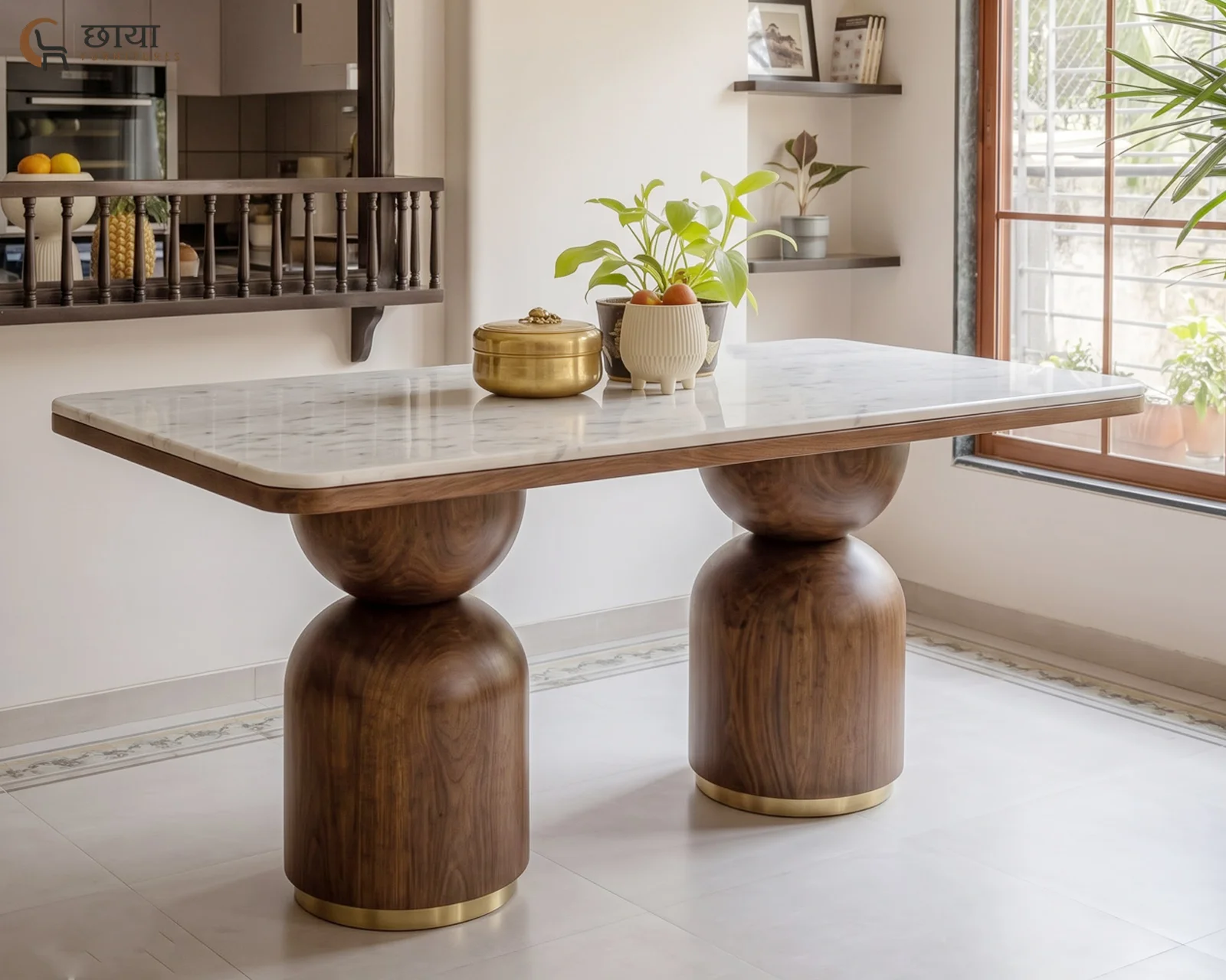Grace 6 Seater Dining Table with Marble Top (Teak Finish) — 11