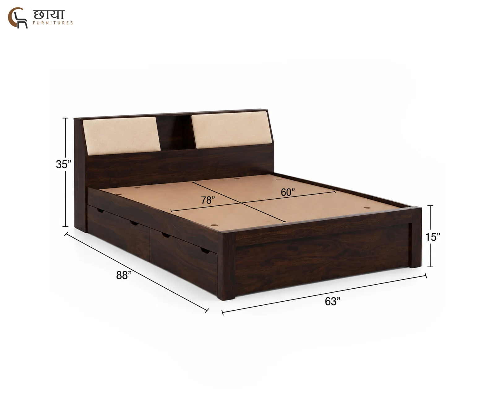 Darbar Sheesham Wood Bed With Drawer Storage (Queen Size, Walnut Finish) — queen size 1