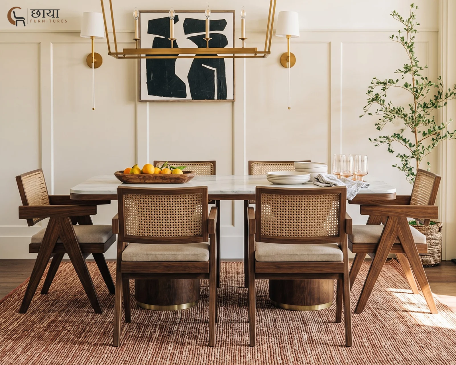 Grace 6 Seater Dining Table Set with Marble Top (Honey Finish) — 3