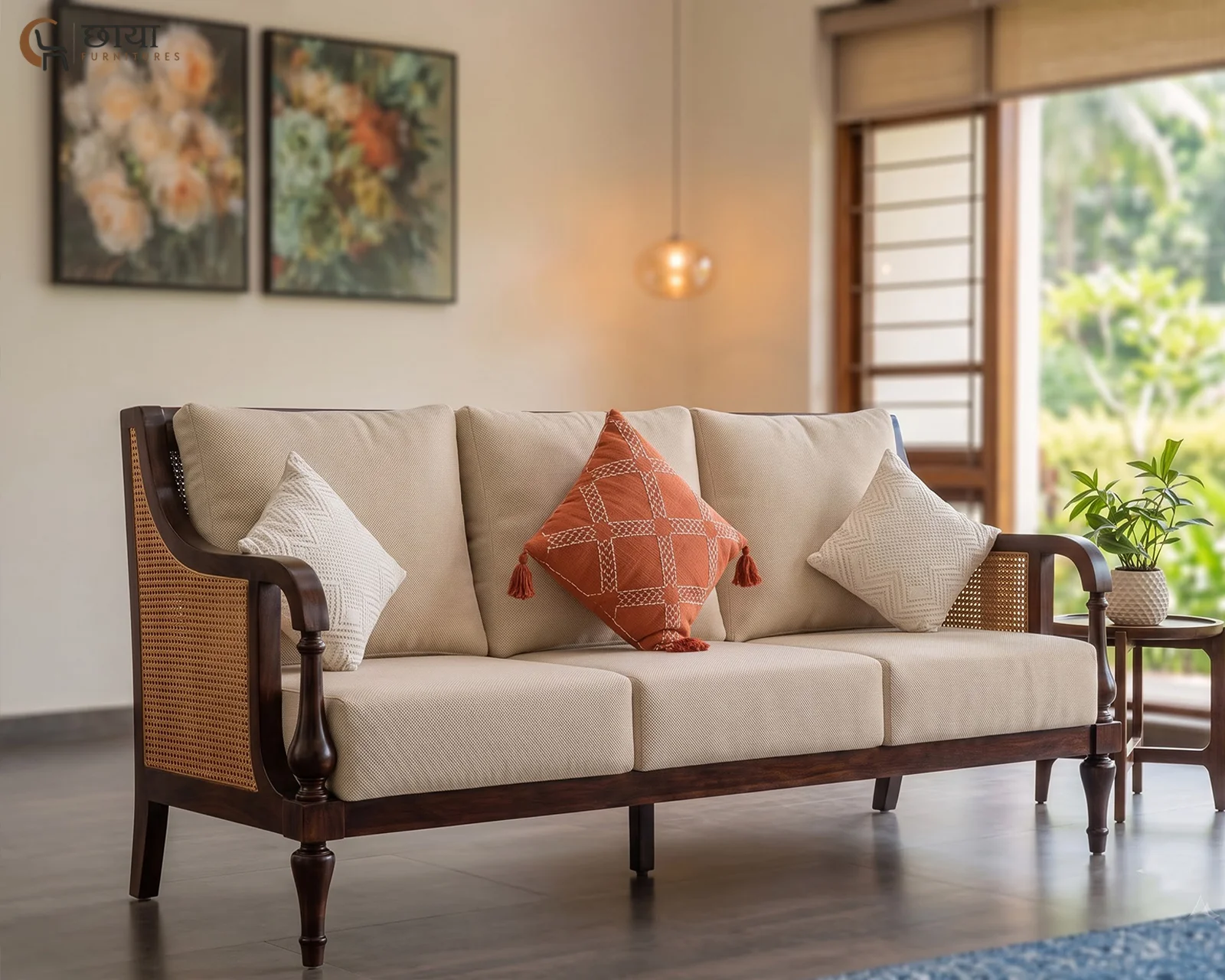 Meher 3 Seater Wooden Sofa (Walnut Finish) — 19
