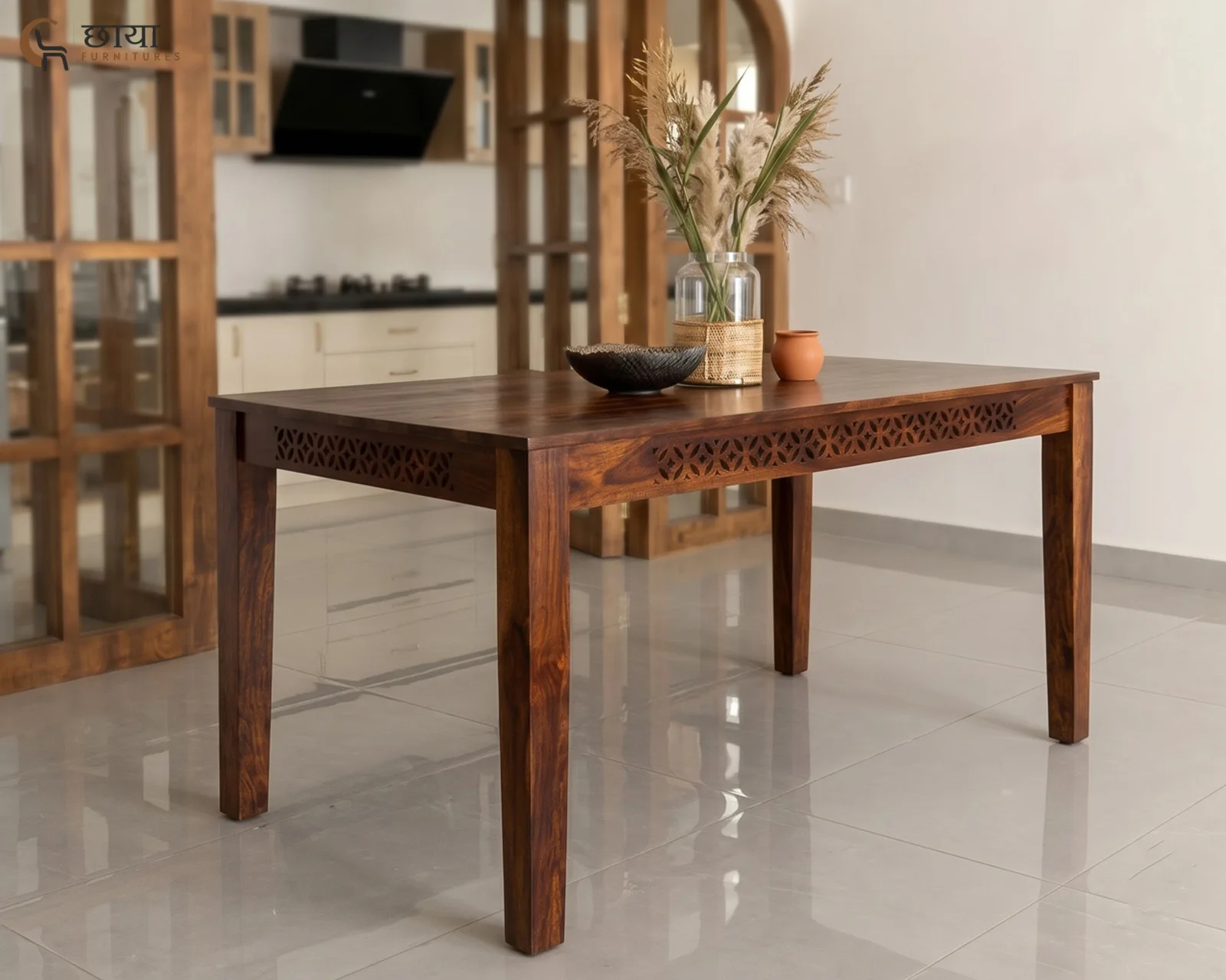 Luxe 4 Seater Dining Table Set With Bench (Honey Finish) — 50