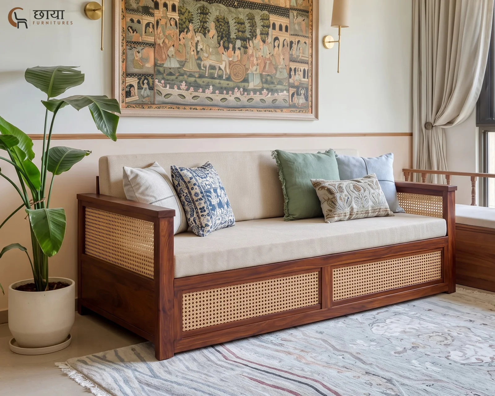 Marshal Wooden Sofa Cum Bed (Queen Size, Honey Finish) — front 1