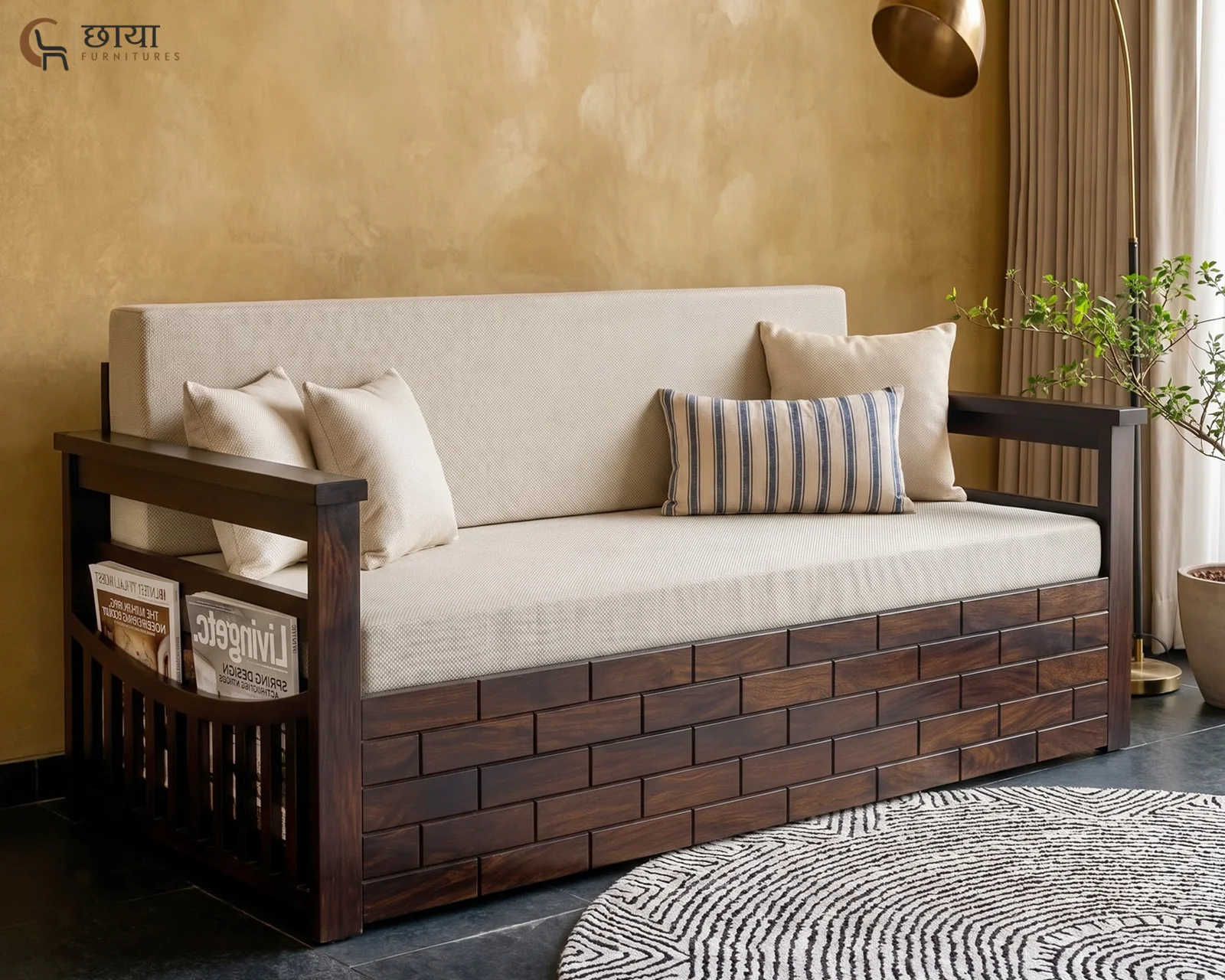 Varys Wooden Sofa Cum Bed (King Size, Walnut Finish) — front (1)