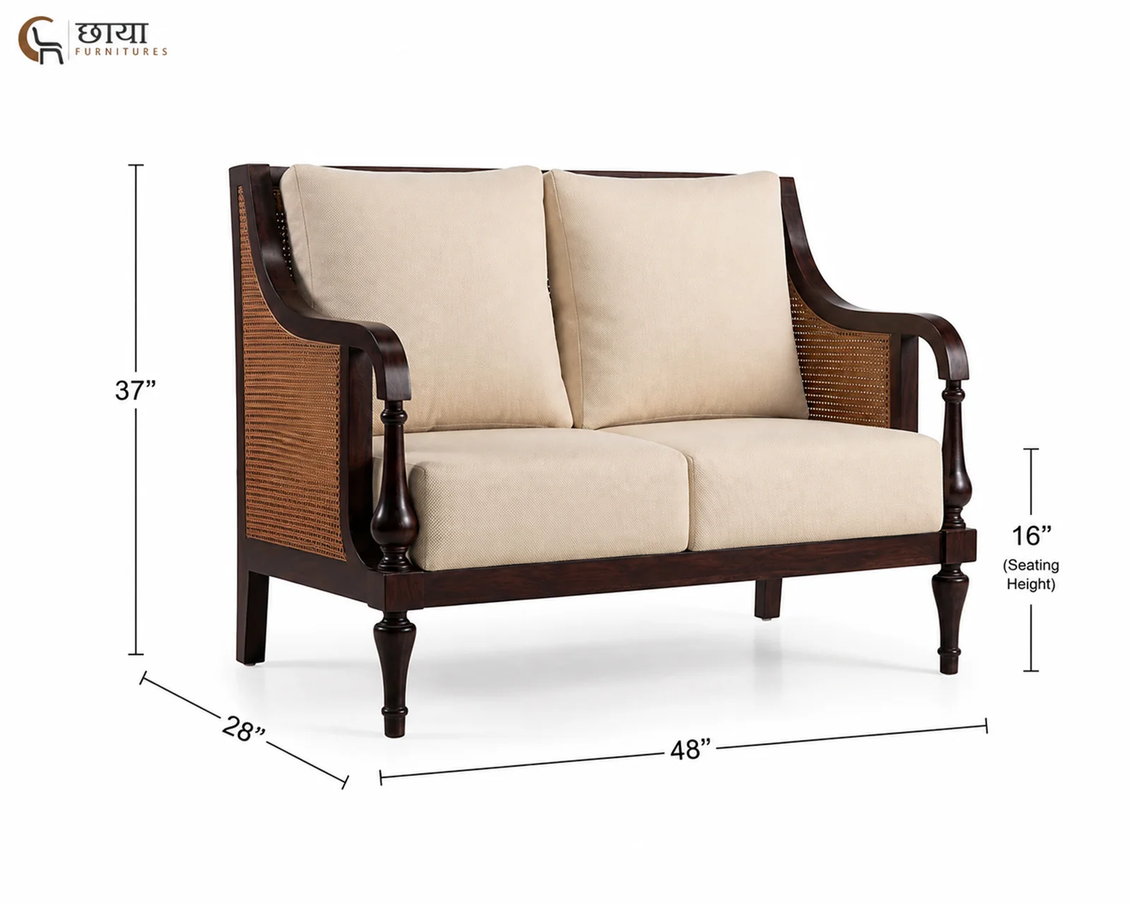 Meher 2 Seater Wooden Sofa (Walnut Finish) — dim 4