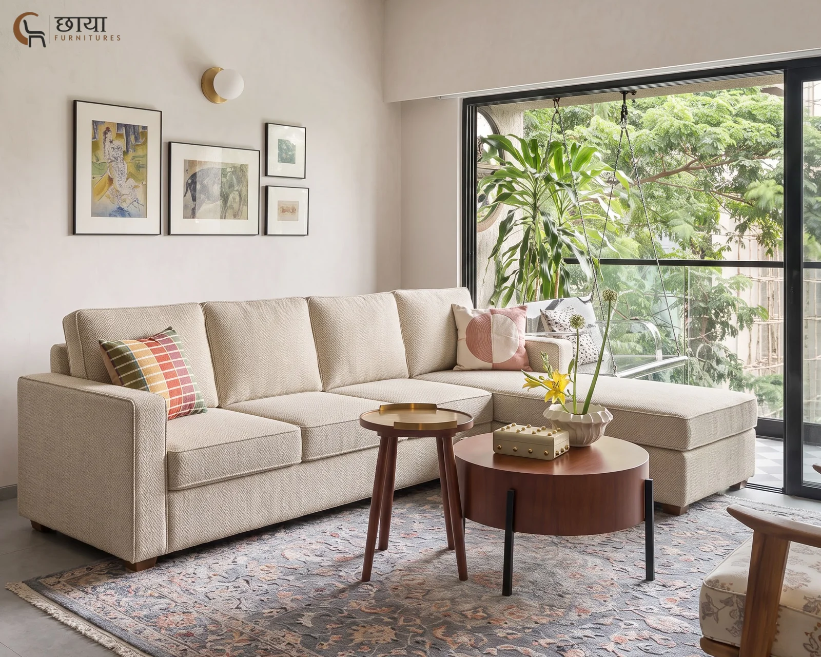 Cairo L Shape Right Aligned Fabric Sofa (Cream) — 5