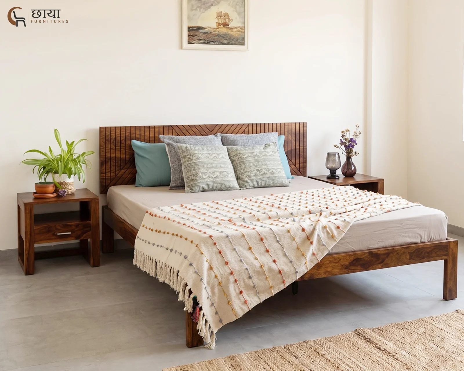Jonas Sheesham Wood Bed Without Storage (Queen Size, Honey Finish) — 11