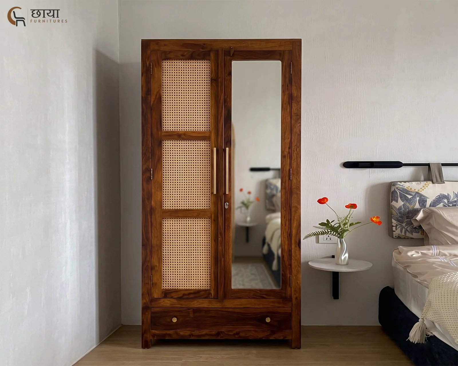 Rabel 2 Door Wardrobe With Mirror (Honey Finish) — 13