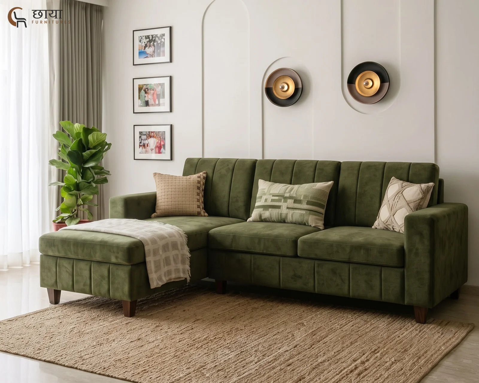 OMR L Shape Left Aligned Fabric Sofa (Green Velvet) — 5