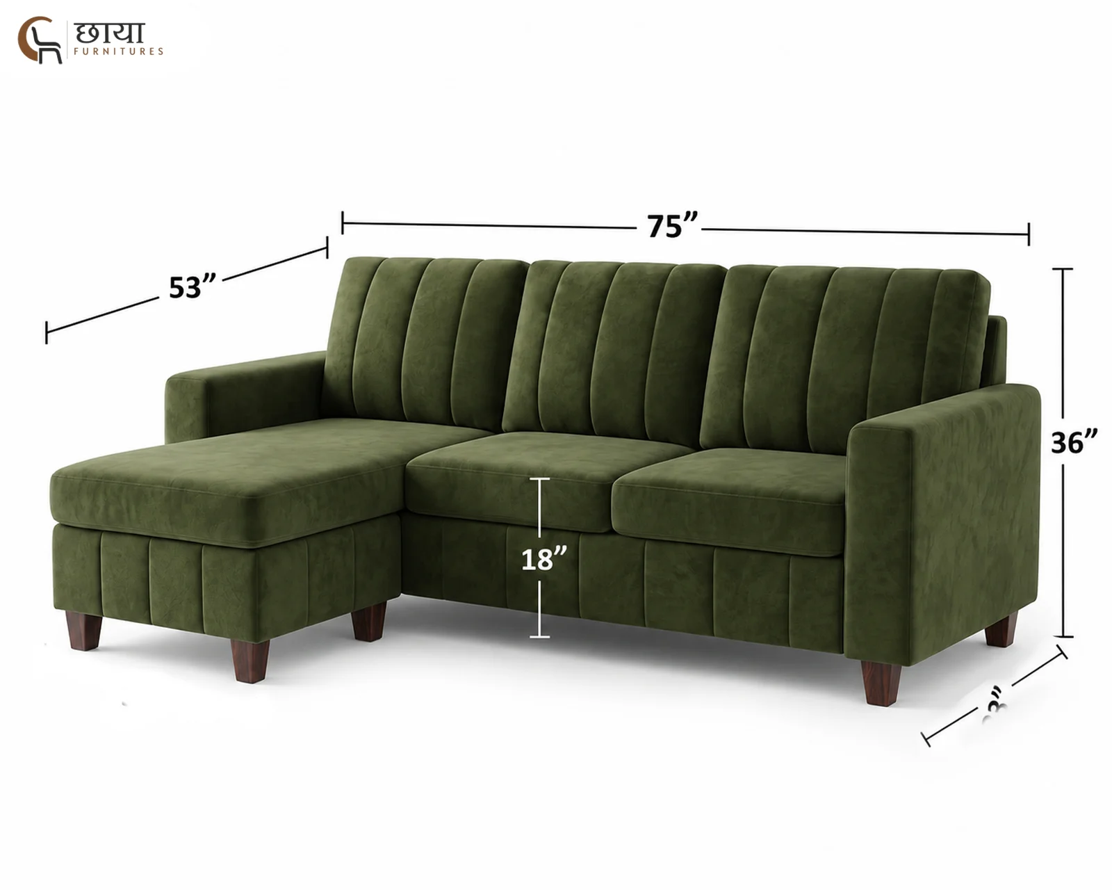 OMR L Shape Left Aligned Fabric Sofa (Green Velvet) — dim 4