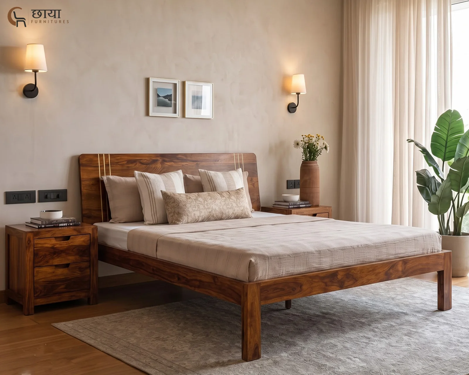 Eddie Sheesham Wood Bed Without Storage (King Size, Honey Finish) — front (1)