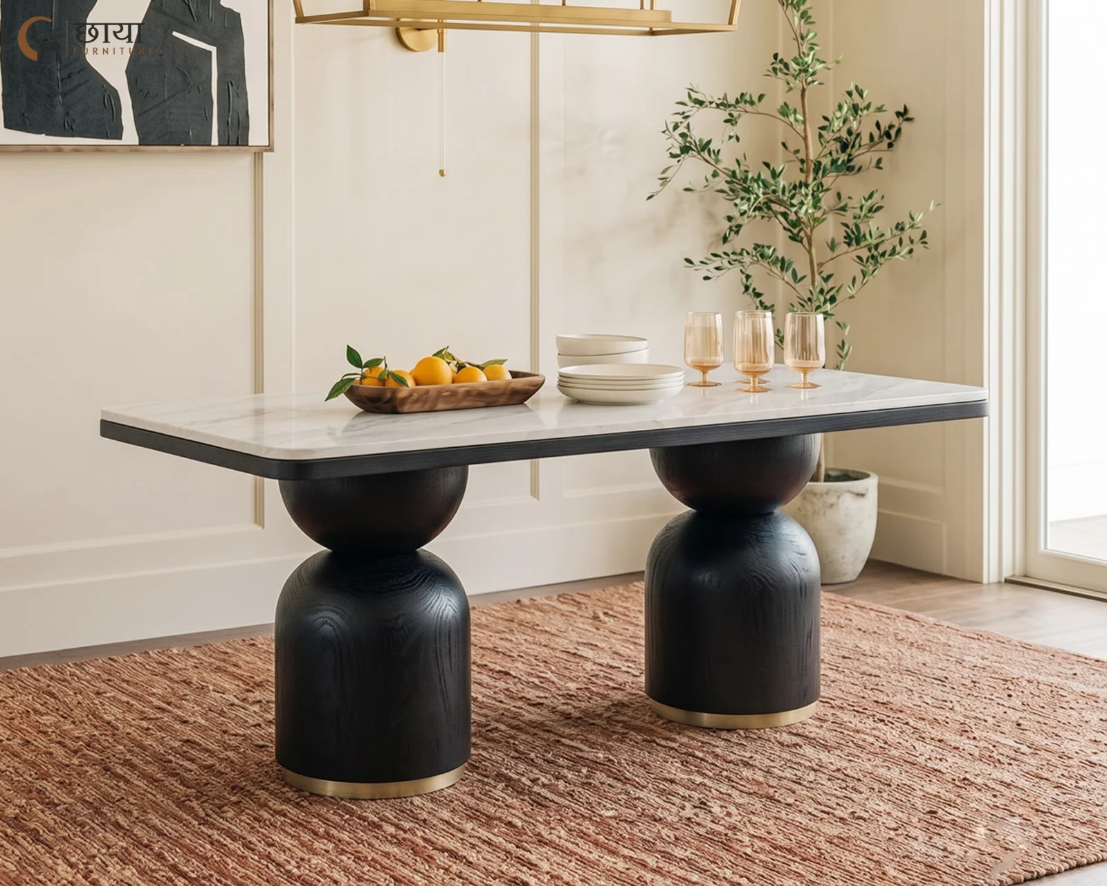 Grace 6 Seater Dining Table Set with Marble Top (Black Finish) — front