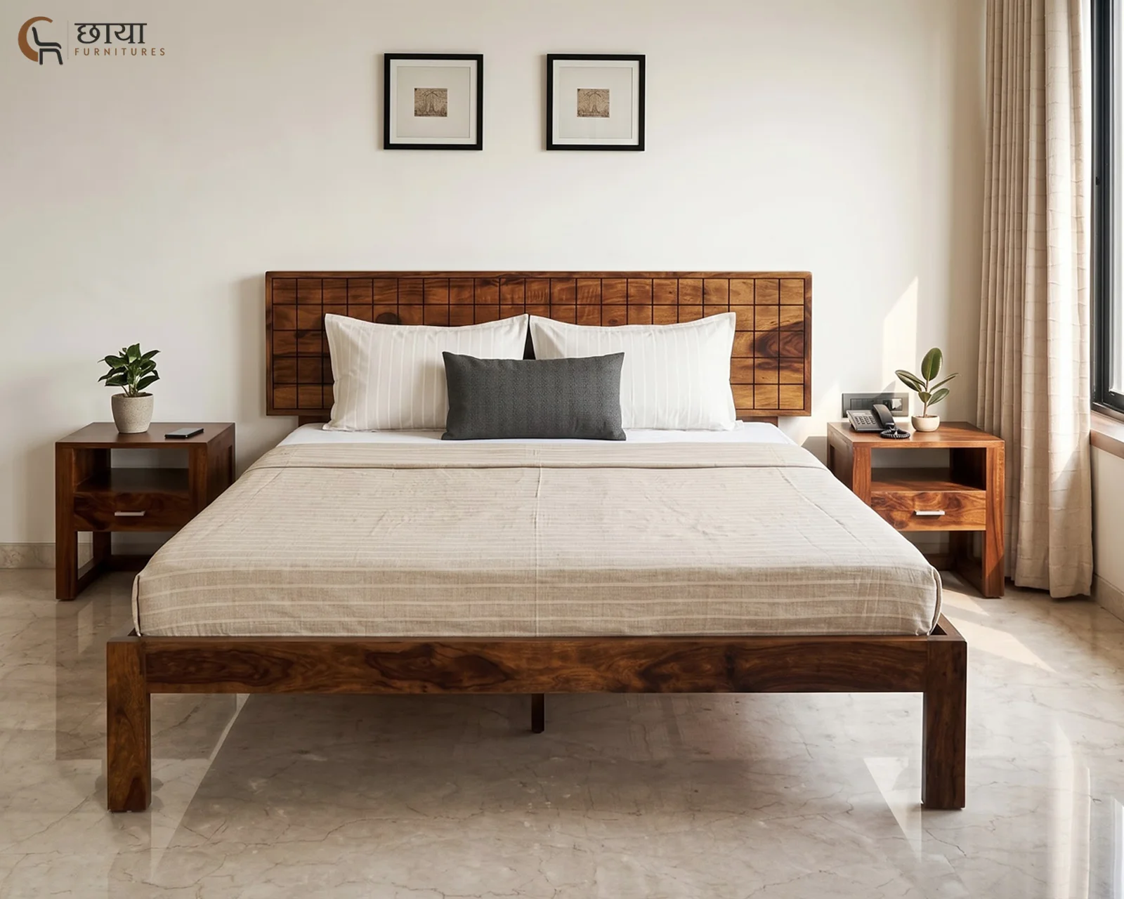 Denver Sheesham Wood Bed Without Storage (Queen Size, Honey Finish) — 12