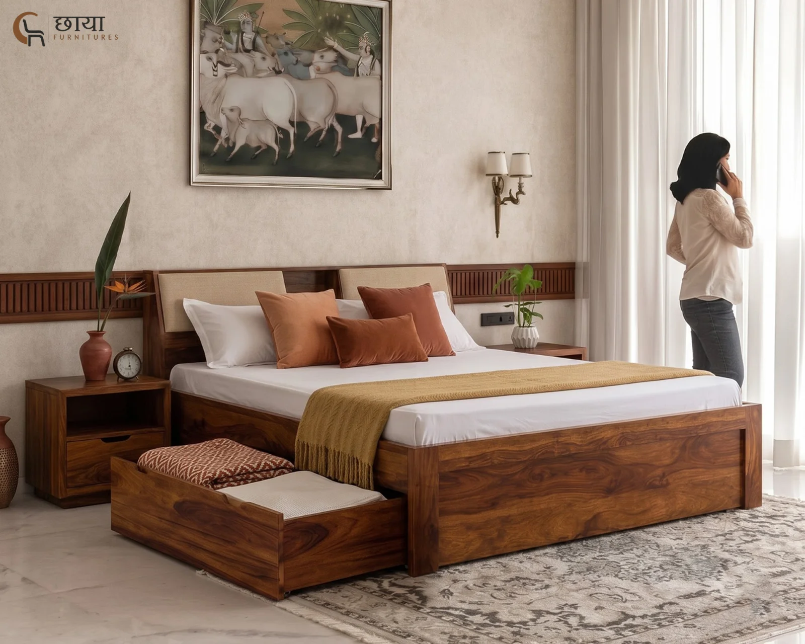 Darbar Sheesham Wood Bed With Drawer Storage (Queen Size, Honey Finish) — front 1