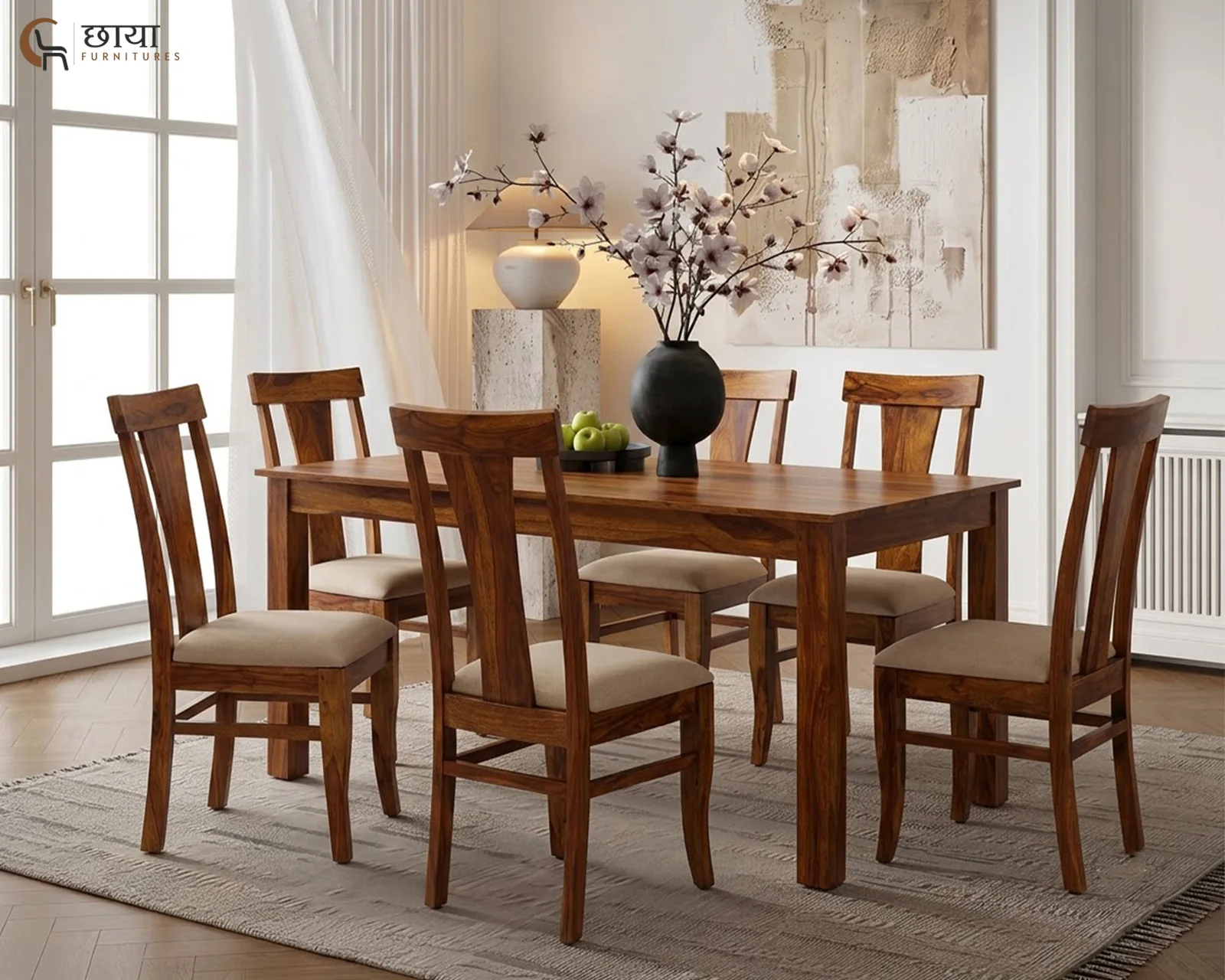 Utsav 6 Seater Dining Table Set (Honey Finish) — 12
