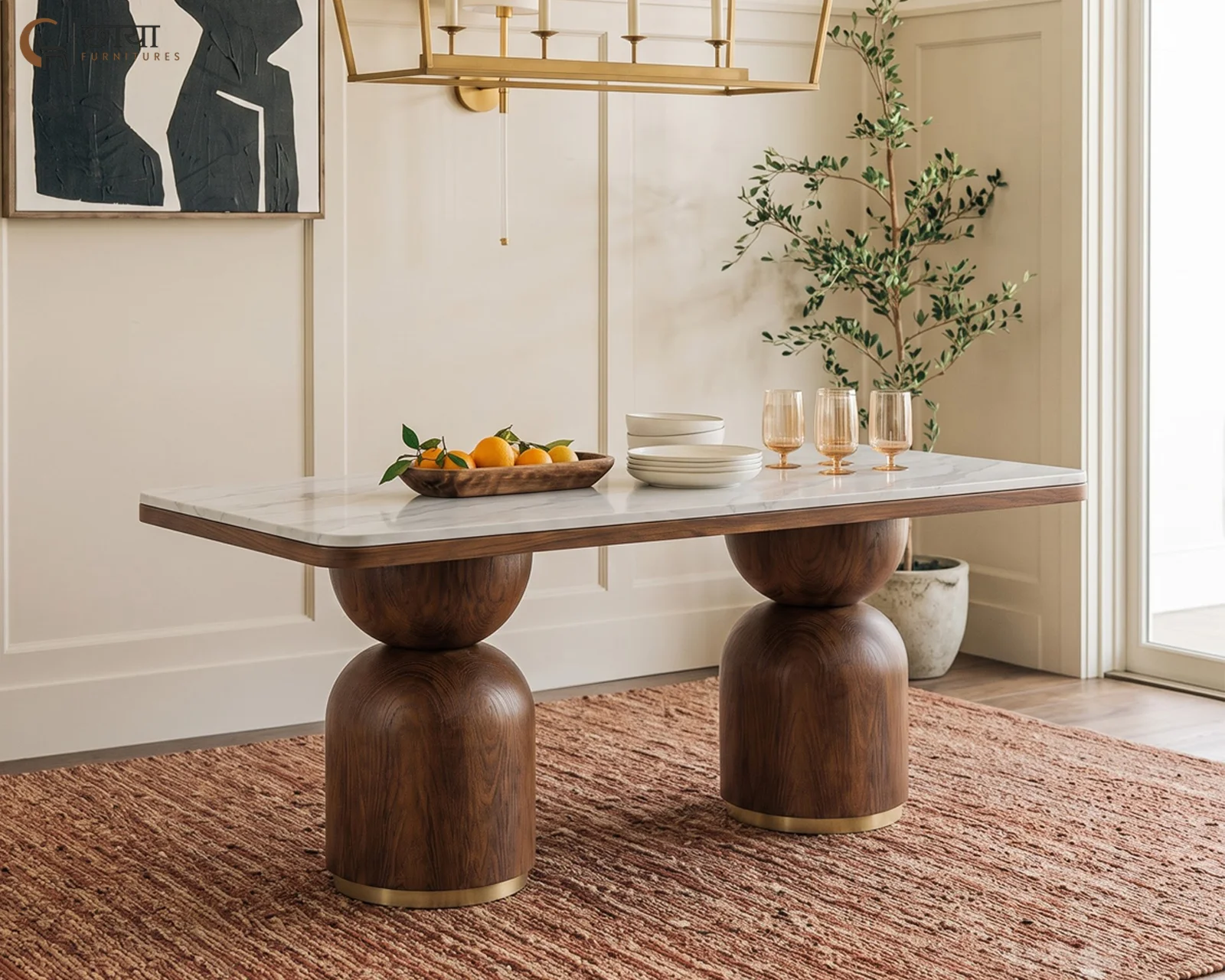 Grace 6 Seater Dining Table Set with Marble Top (Honey Finish) — front