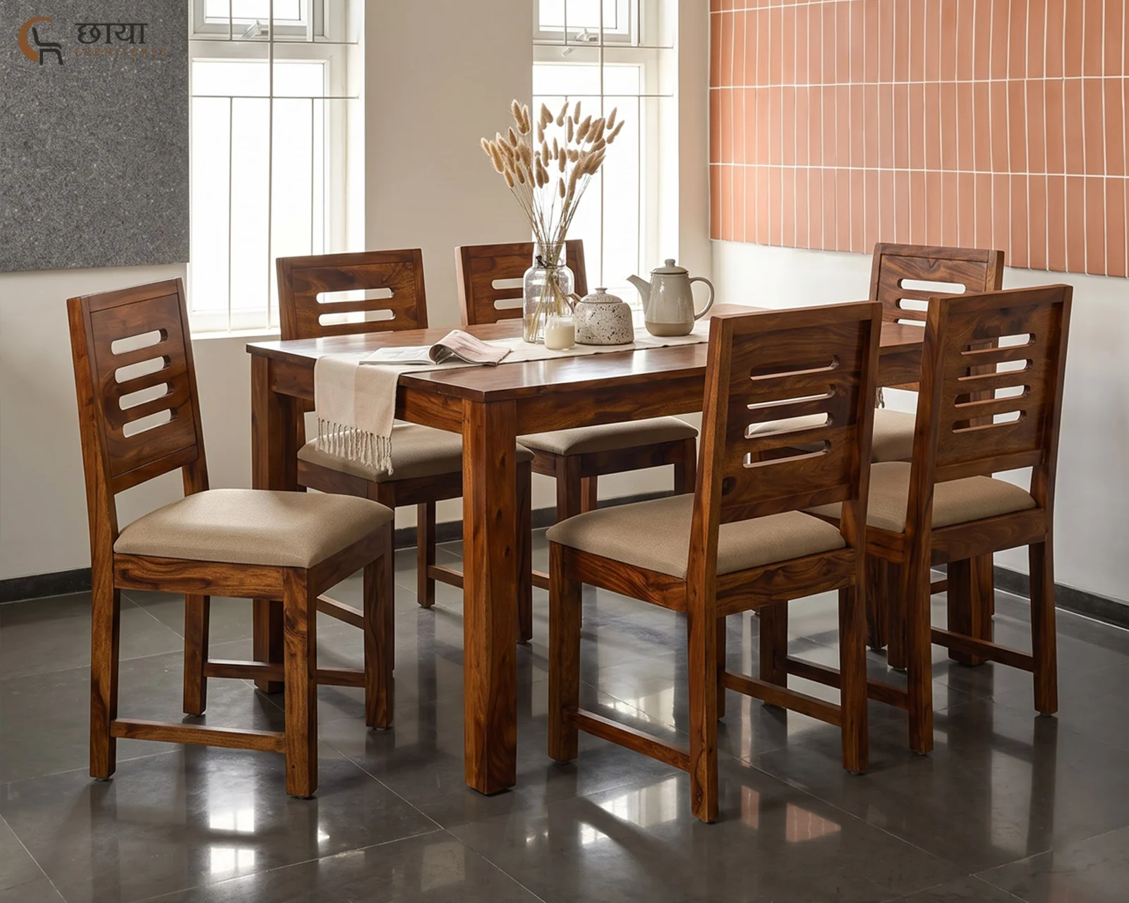 Velora 6 Seater Dining Table Set (Honey Finish) — front (2)