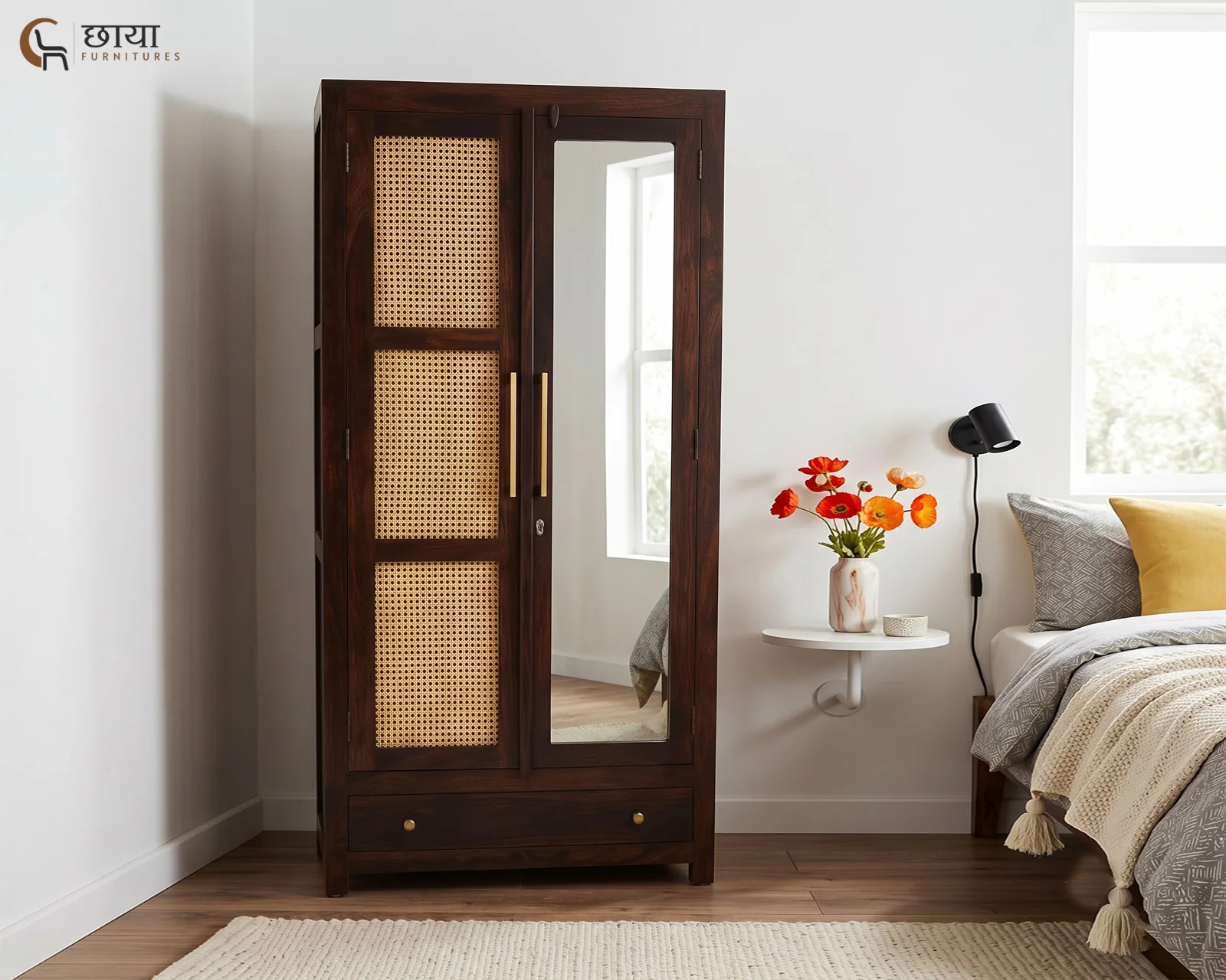 Rabel 2 Door Wardrobe With Mirror (Walnut Finish) — front (2)
