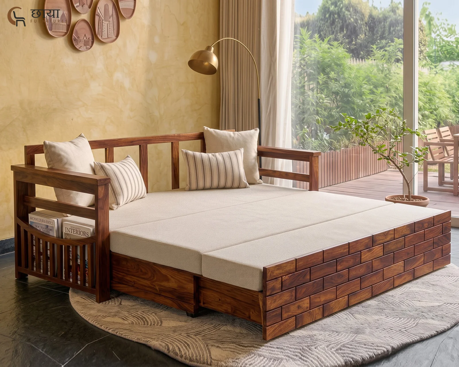 Varys Wooden Sofa Cum Bed (King Size, Honey Finish) — front 2