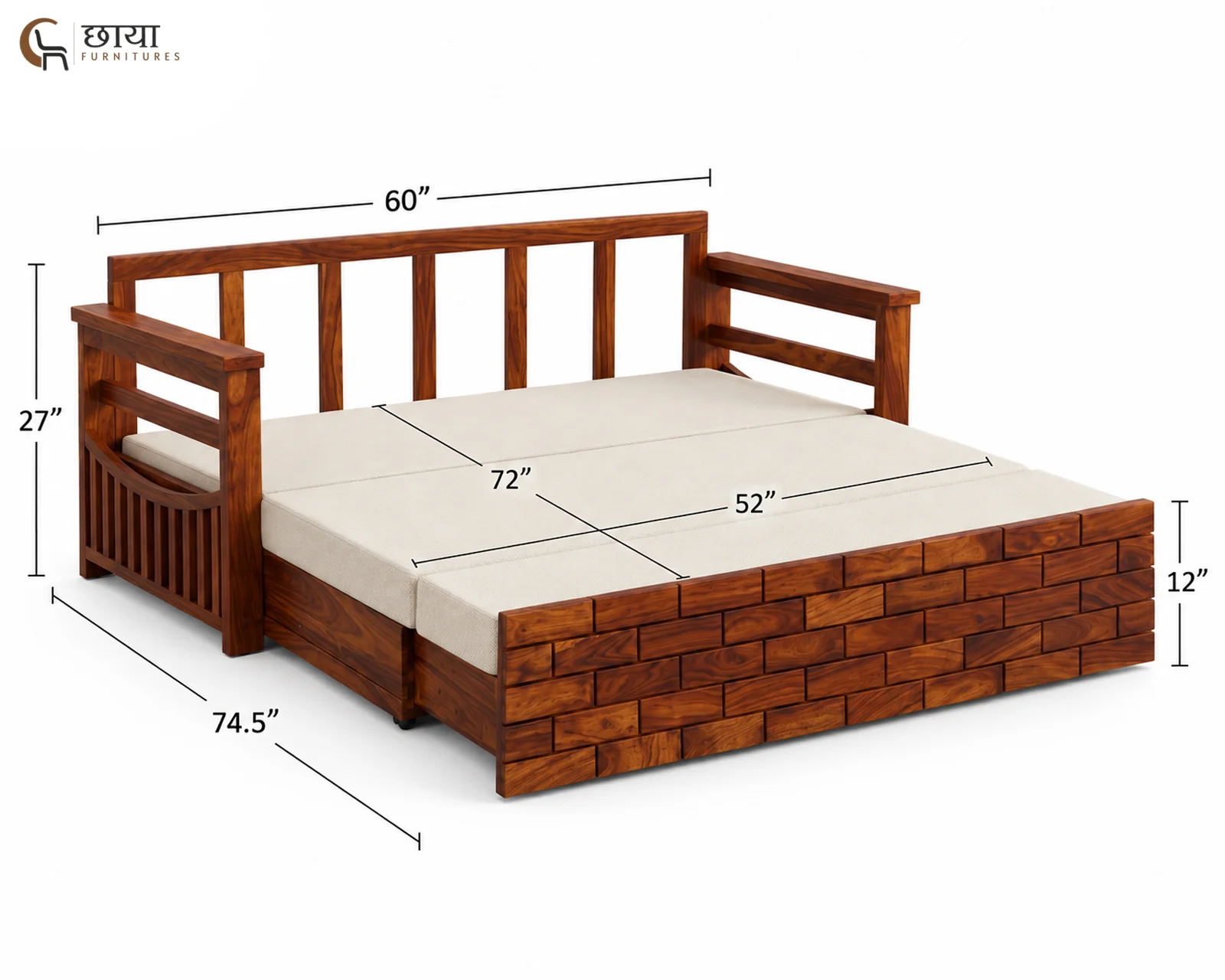 Varys Wooden Sofa Cum Bed (Queen Size, Honey Finish) — Queen size (4)