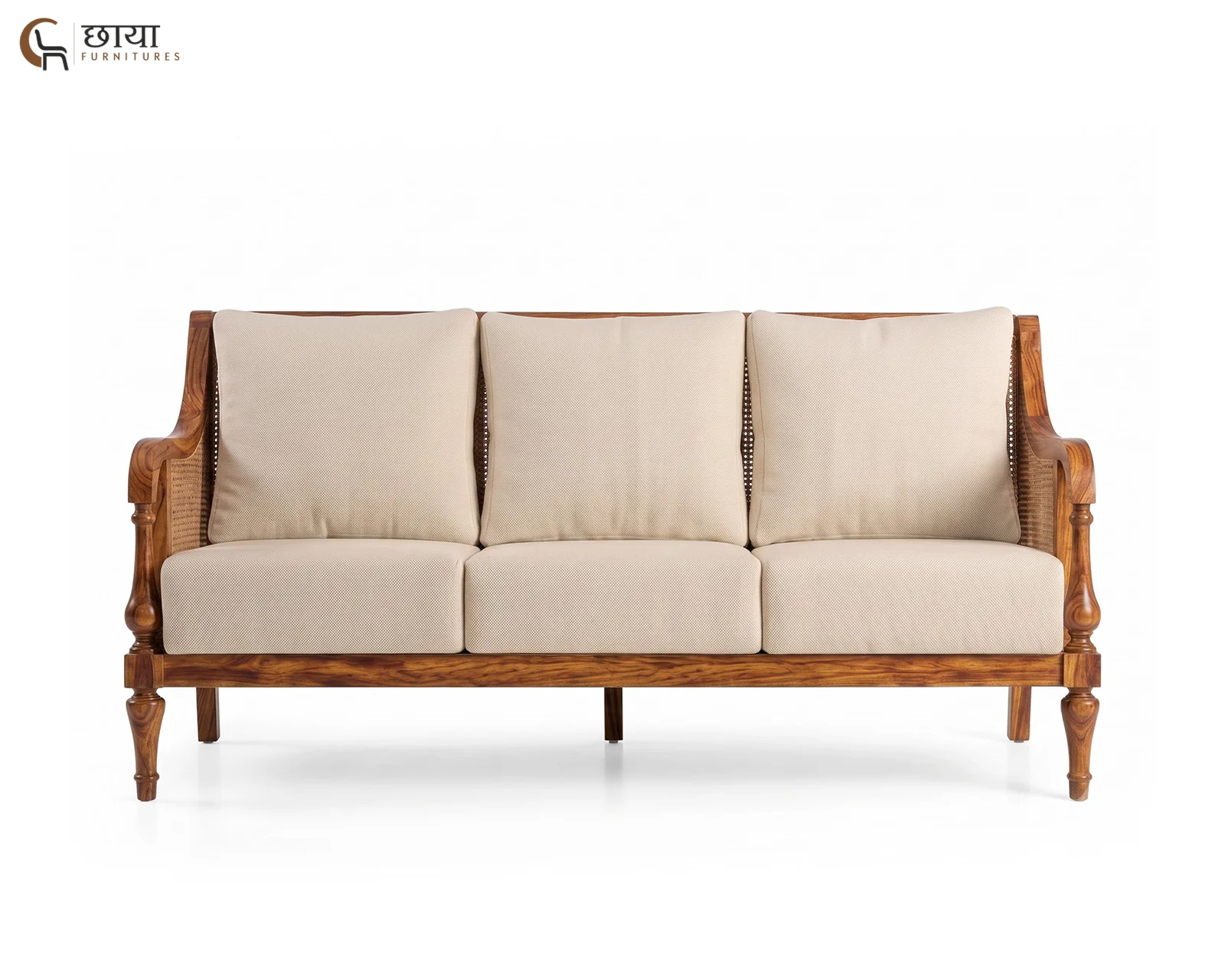 Meher 3 Seater Wooden Sofa (Honey Finish) — 2