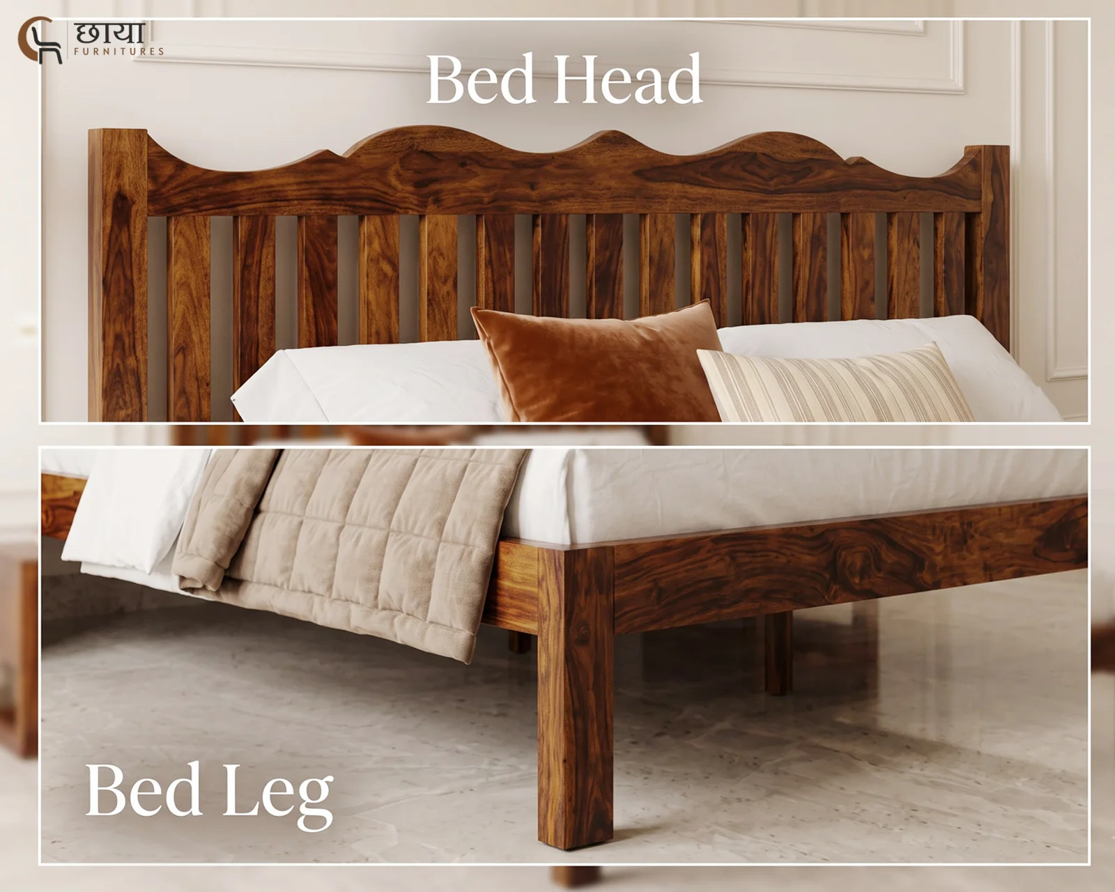 Davos Sheesham Wood Bed Without Storage (King Size, Honey Finish) — 5