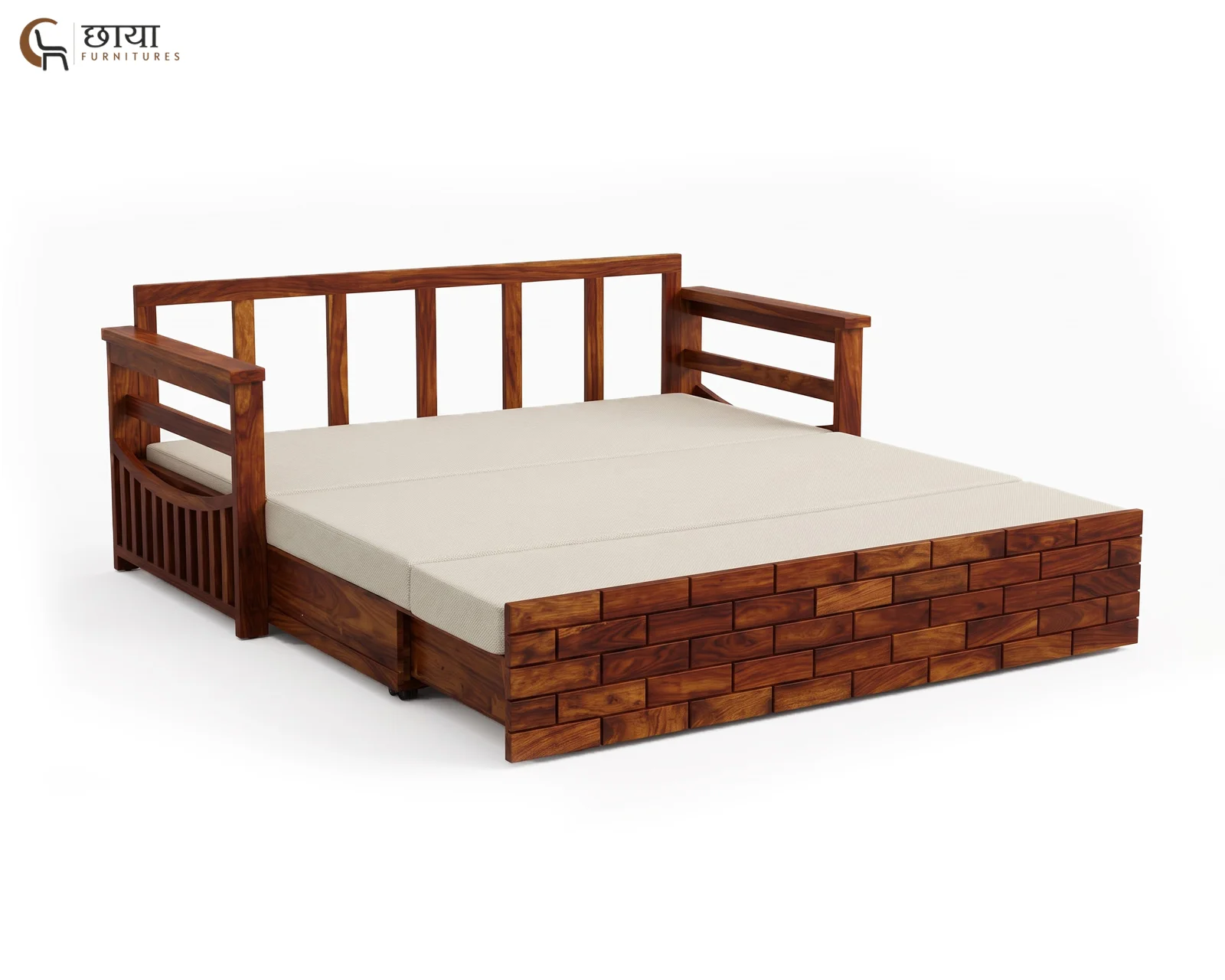 Varys Wooden Sofa Cum Bed (King Size, Honey Finish) — 3