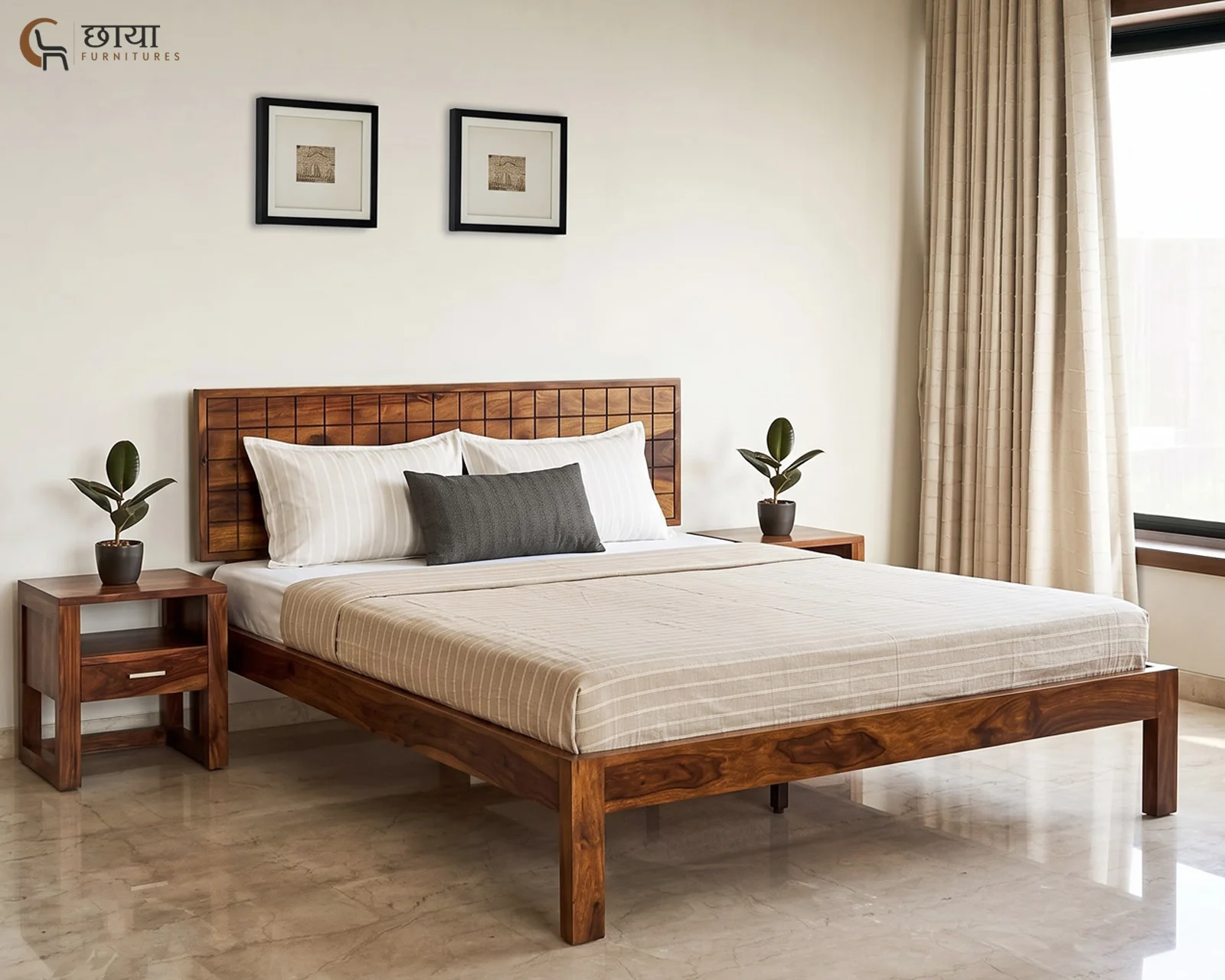 Denver Sheesham Wood Bed Without Storage (Queen Size, Honey Finish) — front (1)