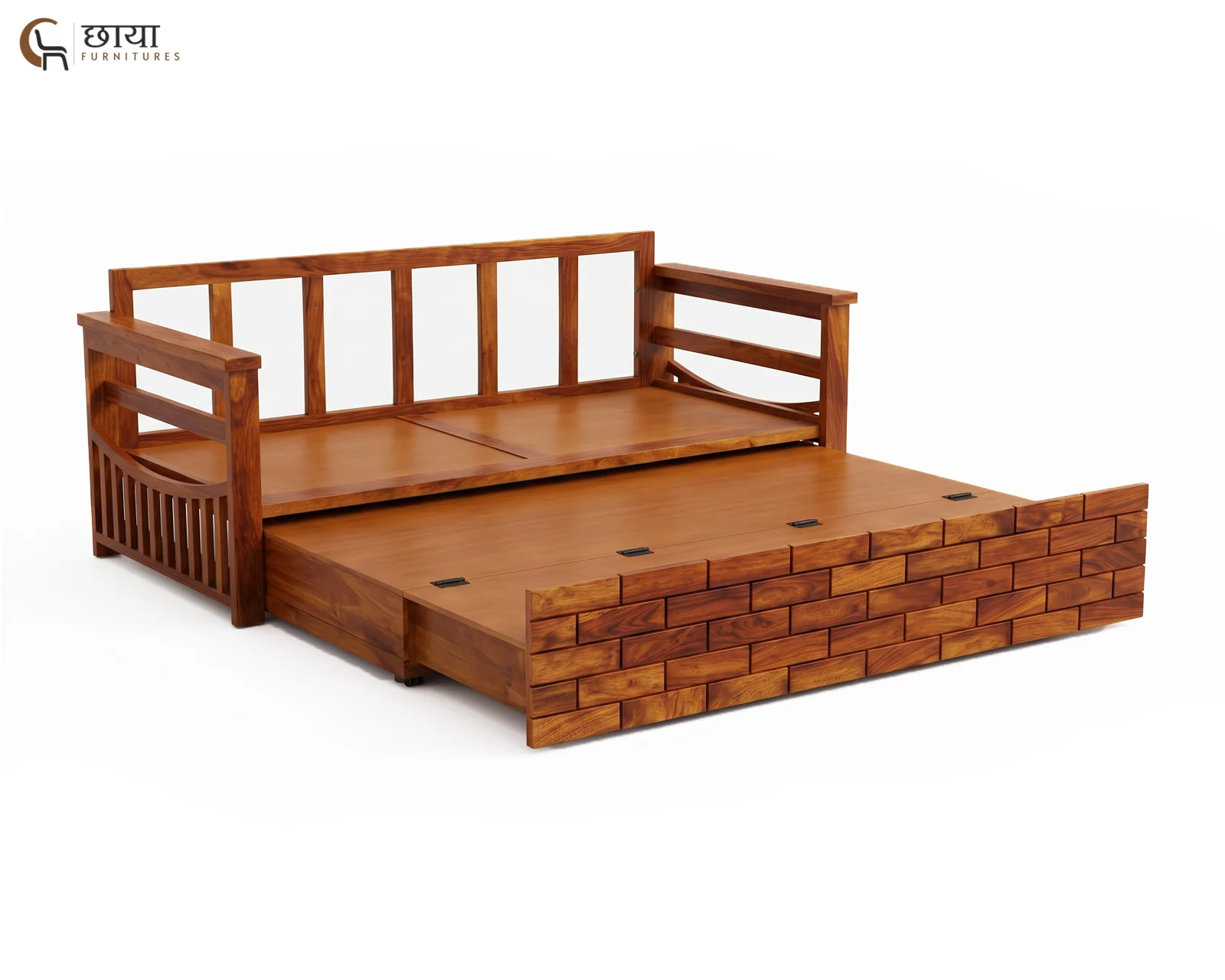 Varys Wooden Sofa Cum Bed (Queen Size, Honey Finish) — 5