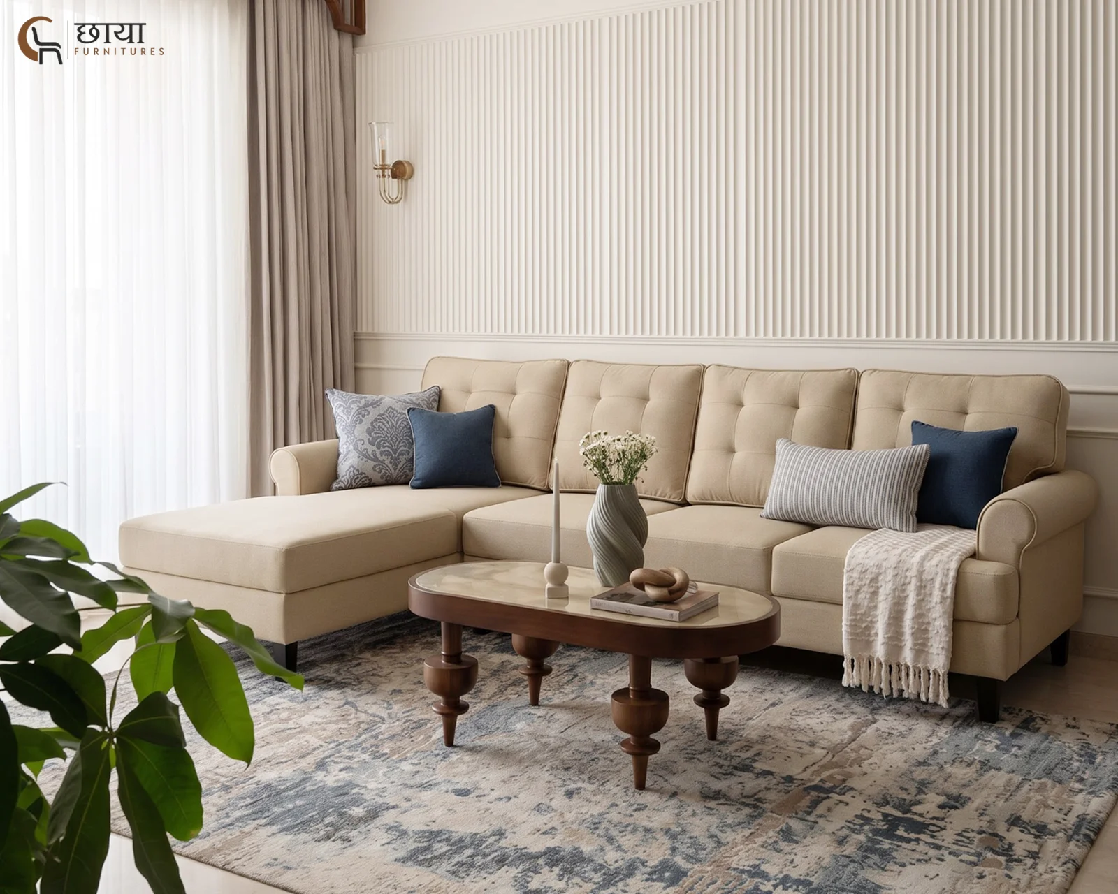 Aster L Shape Left Aligned Fabric Sofa (Cream) — front