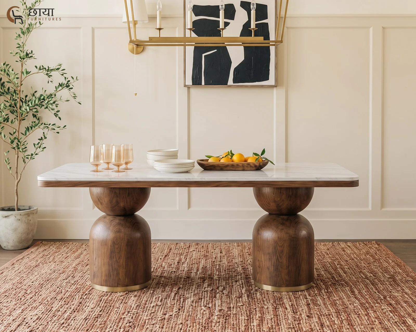 Grace 6 Seater Dining Table with Marble Top (Teak Finish) — 14