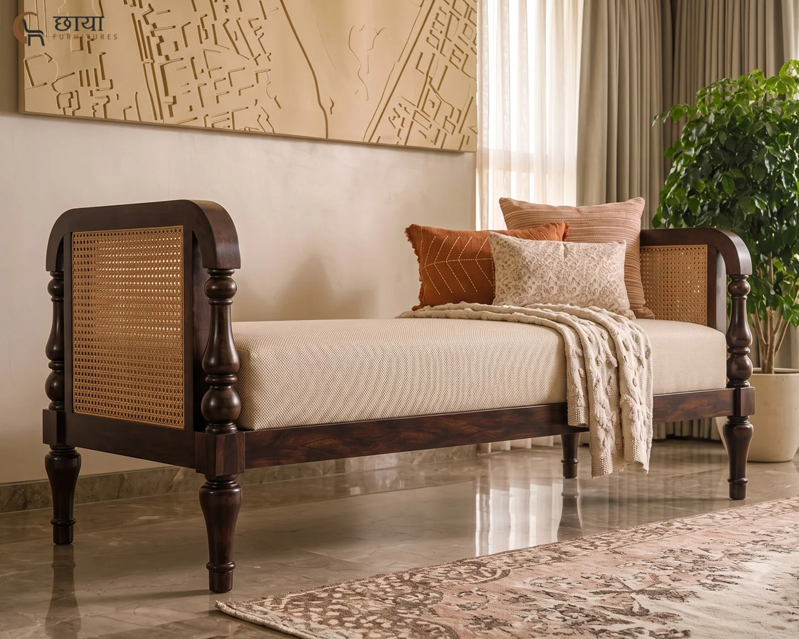 Aarohi Rattan Bench (Walnut Finish) — front