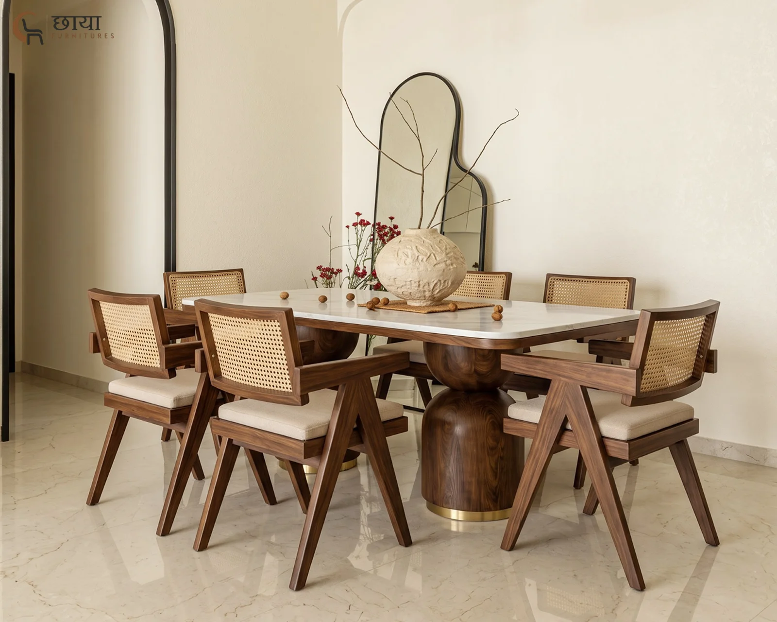Grace 6 Seater Dining Table Set with Marble Top (Honey Finish) — 4