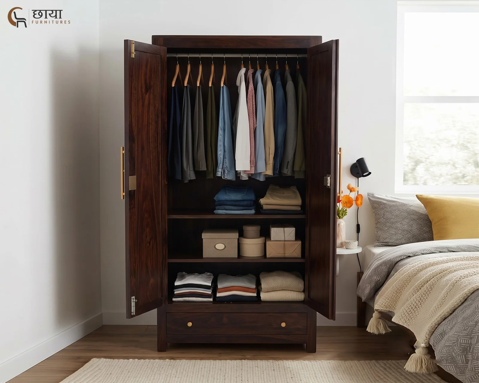 Rabel 2 Door Wardrobe With Mirror (Walnut Finish) — 11