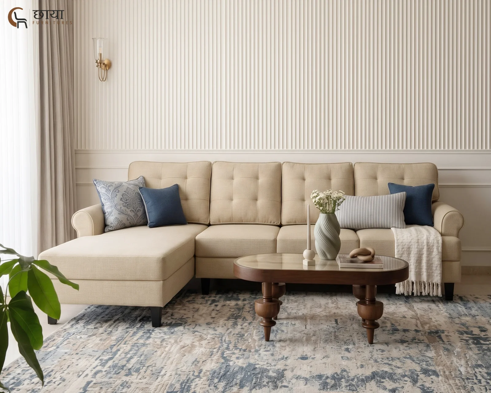 Aster L Shape Left Aligned Fabric Sofa (Cream) — 3