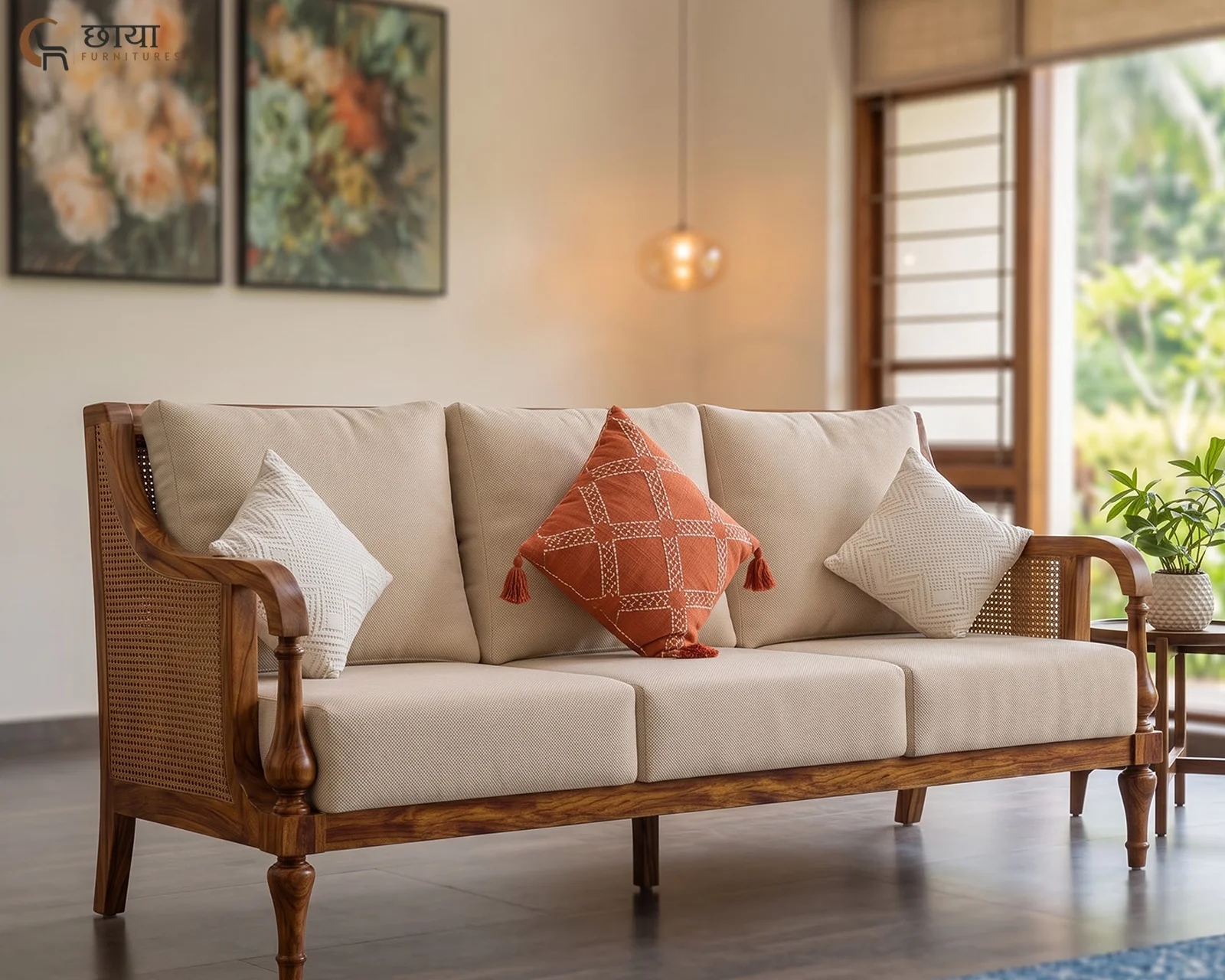 Meher 3 Seater Wooden Sofa (Honey Finish) — 20