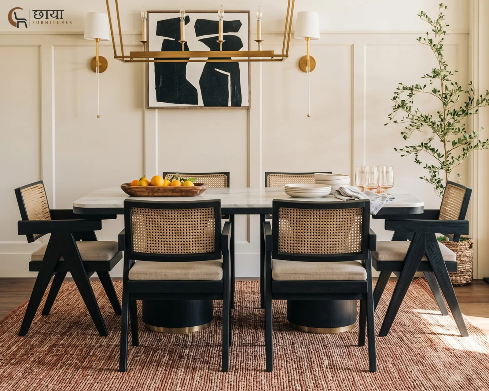 Grace 6 Seater Dining Table Set with Marble Top (Black Finish) — 1