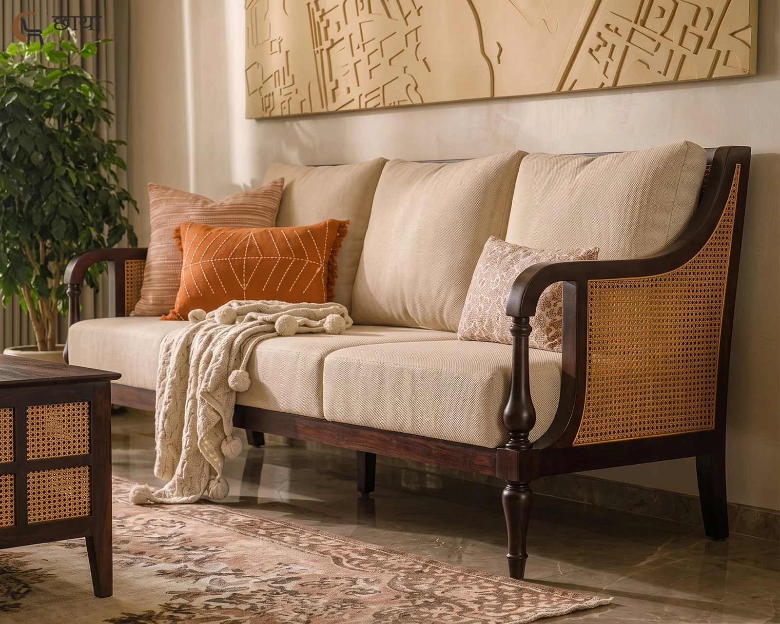 Meher 3 Seater Wooden Sofa (Walnut Finish) — front