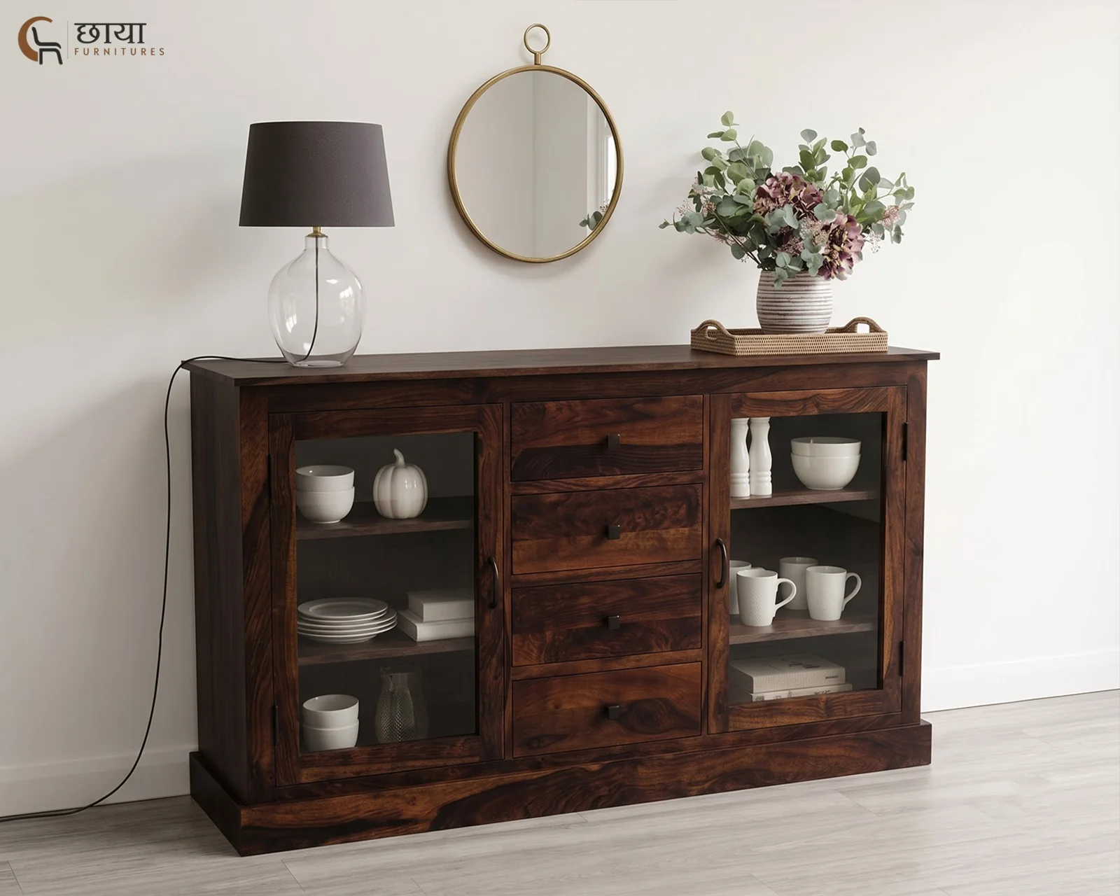 Logan Sheesham Wood Sideboard (Walnut Finish) — front.
